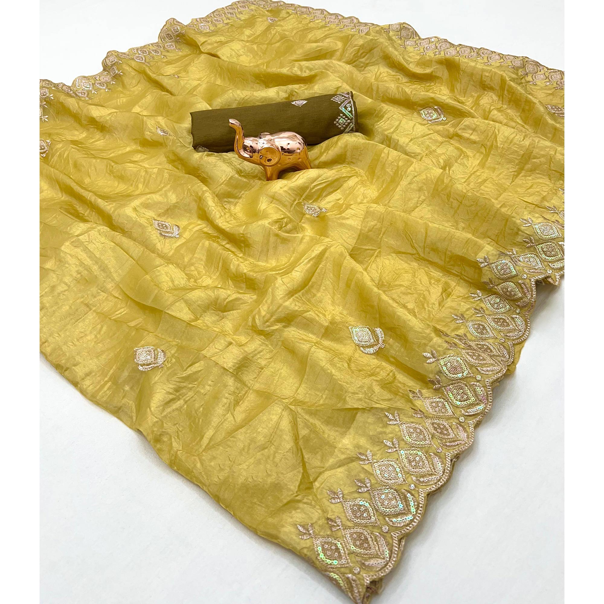 Dark Mustard Floral Sequins Embroidered Fancy Fabrics Crush Saree