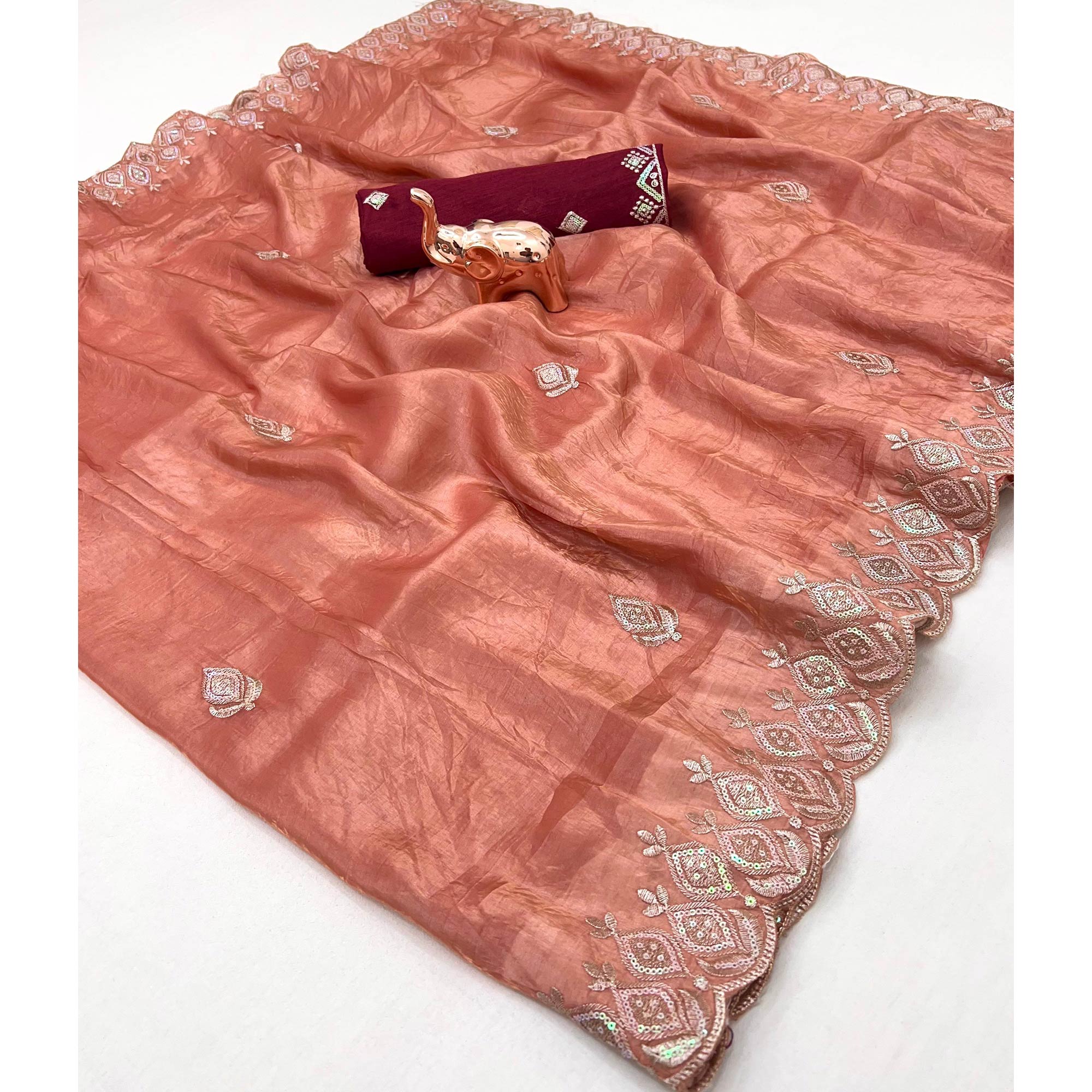 Peach Floral Sequins Embroidered Fancy Fabrics Crush Saree