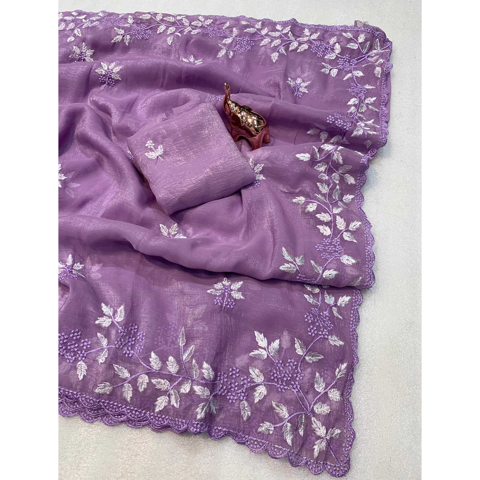 Lavender Chiffon Saree Adorned With Delicate Floral Thread Embroidery
