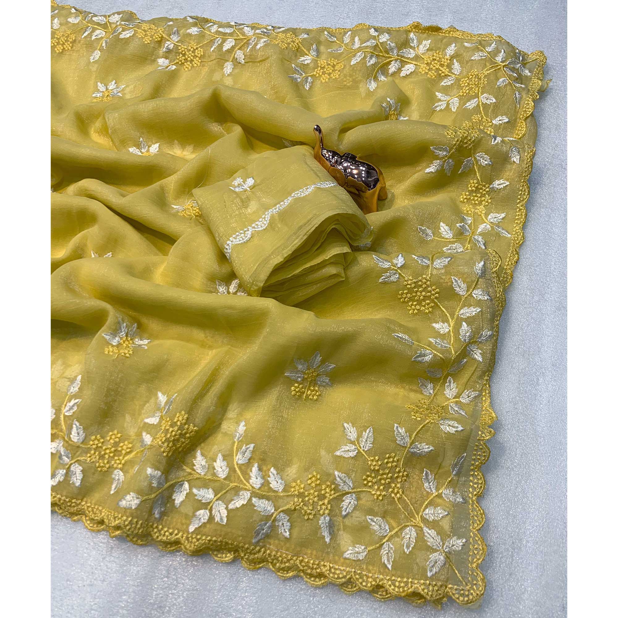 Yellow Chiffon Saree Adorned With Delicate Floral Thread Embroidery