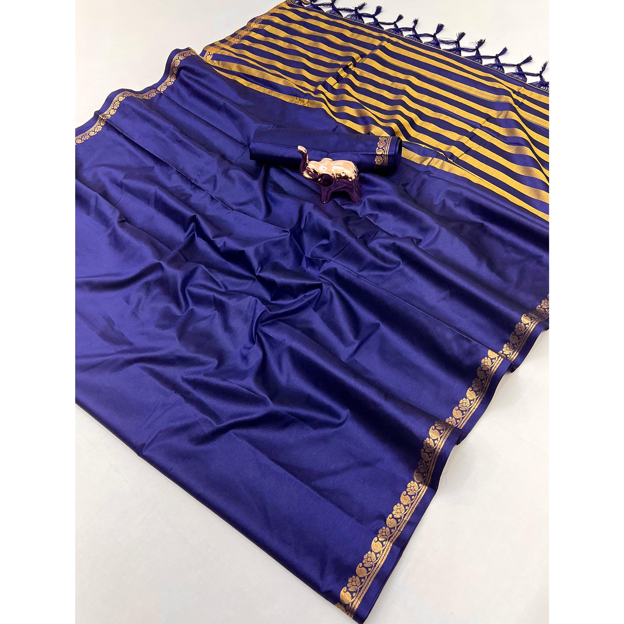 Classic Navy Blue Solid Weaving Mysore Silk Saree Accented With Floral Border & Tassel Pallu