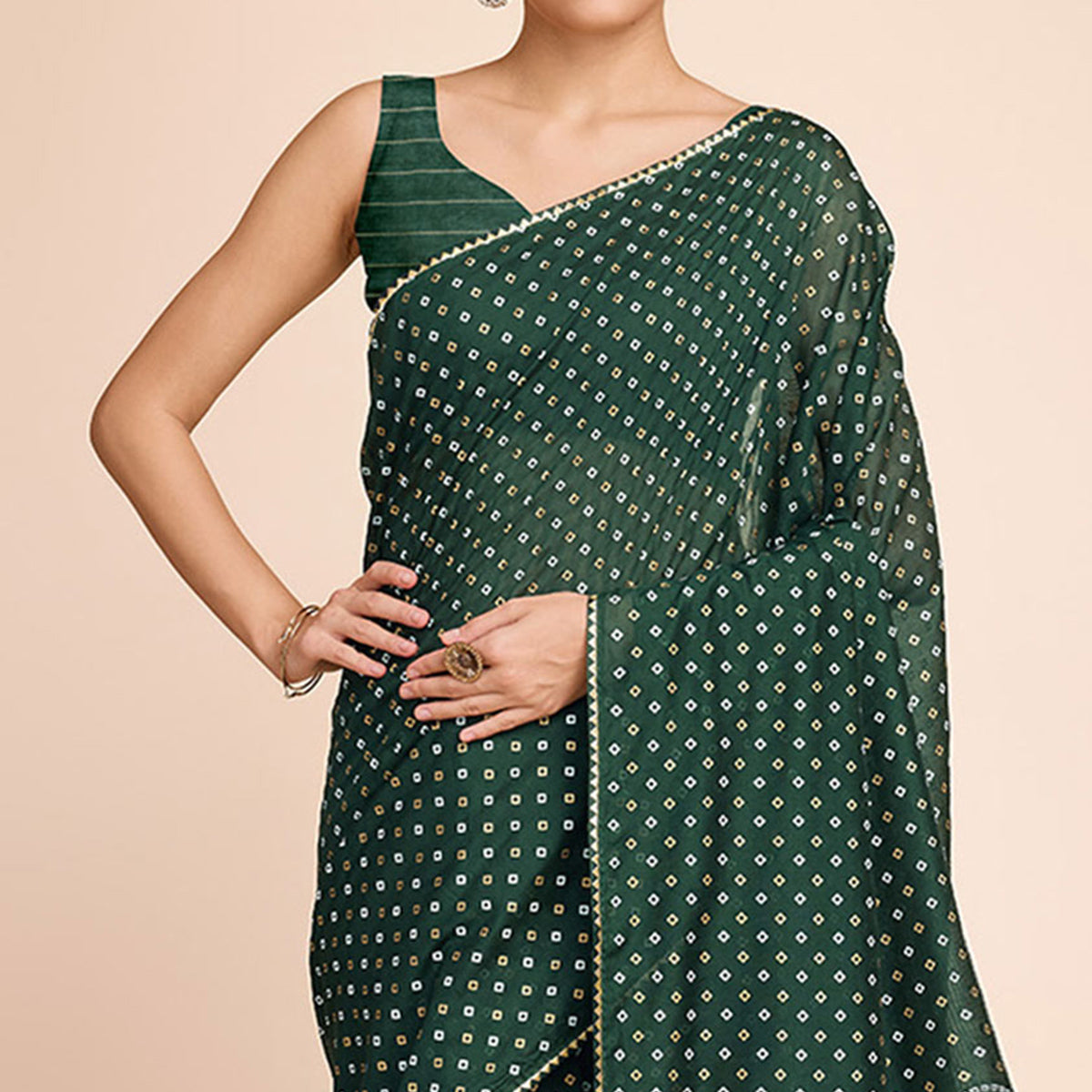 Green Bandhani Printed Cotton Silk Saree