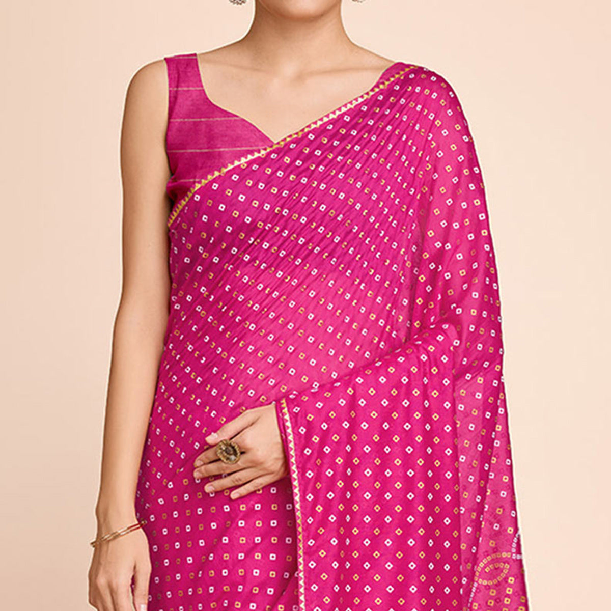 Pink Bandhani Printed Cotton Silk Saree