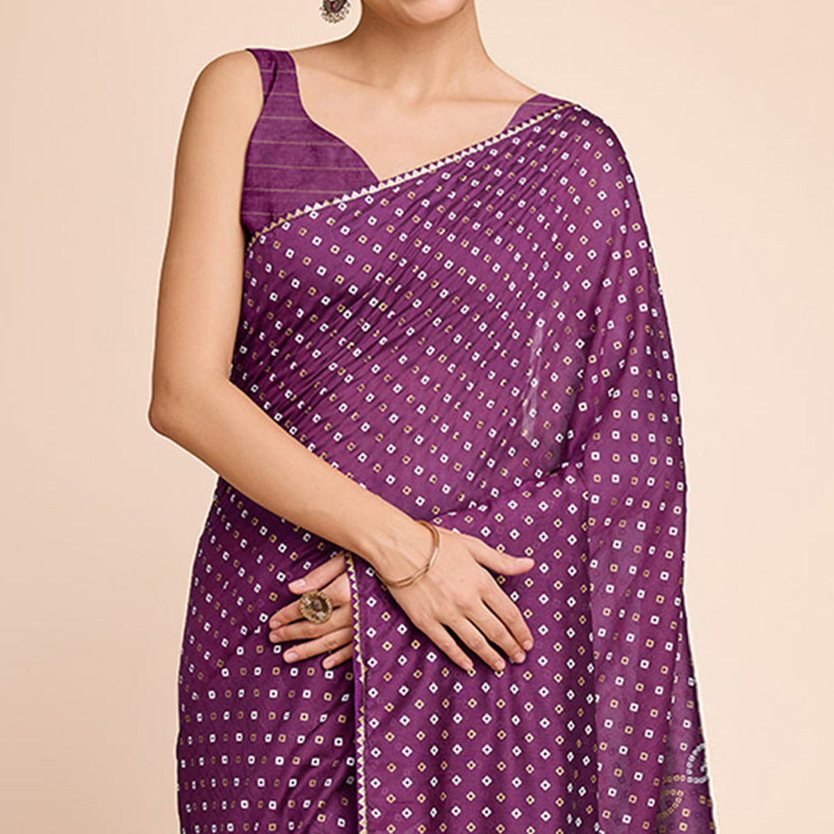 Purple Bandhani Printed Cotton Silk Saree