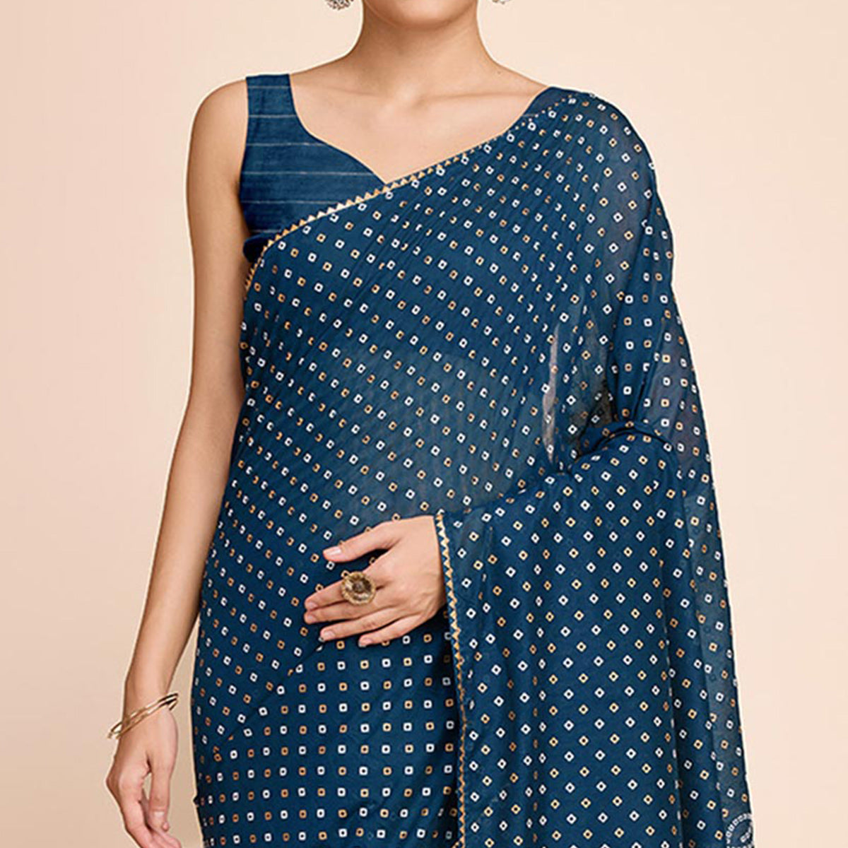 Teal Bandhani Printed Cotton Silk Saree