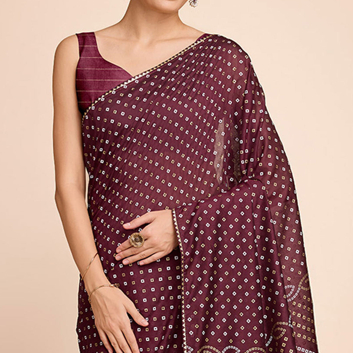Wine Bandhani Printed Cotton Silk Saree