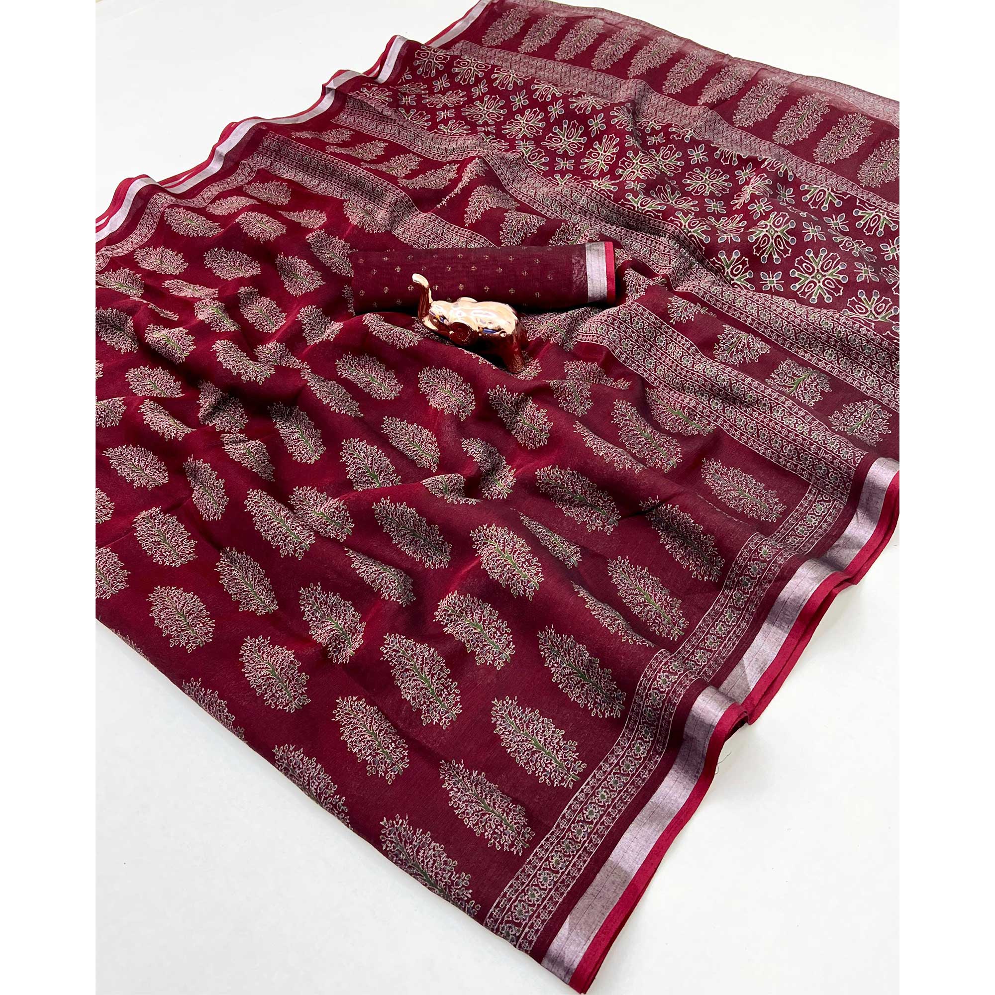 Classic Maroon Linen Cotton Saree Featuring Floral Ajrakh Print & Rich Silver Zari Border