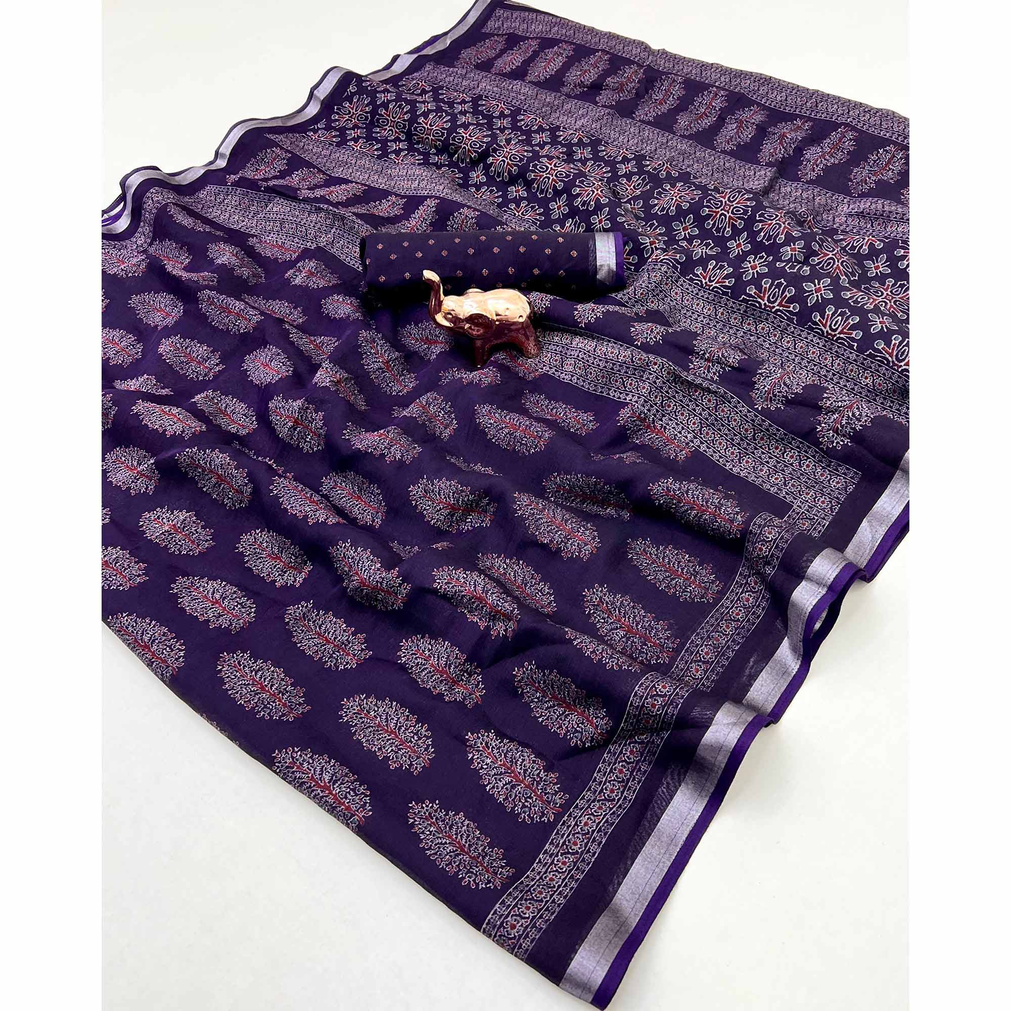 Classic Purple Linen Cotton Saree Featuring Floral Ajrakh Print & Rich Silver Zari Border