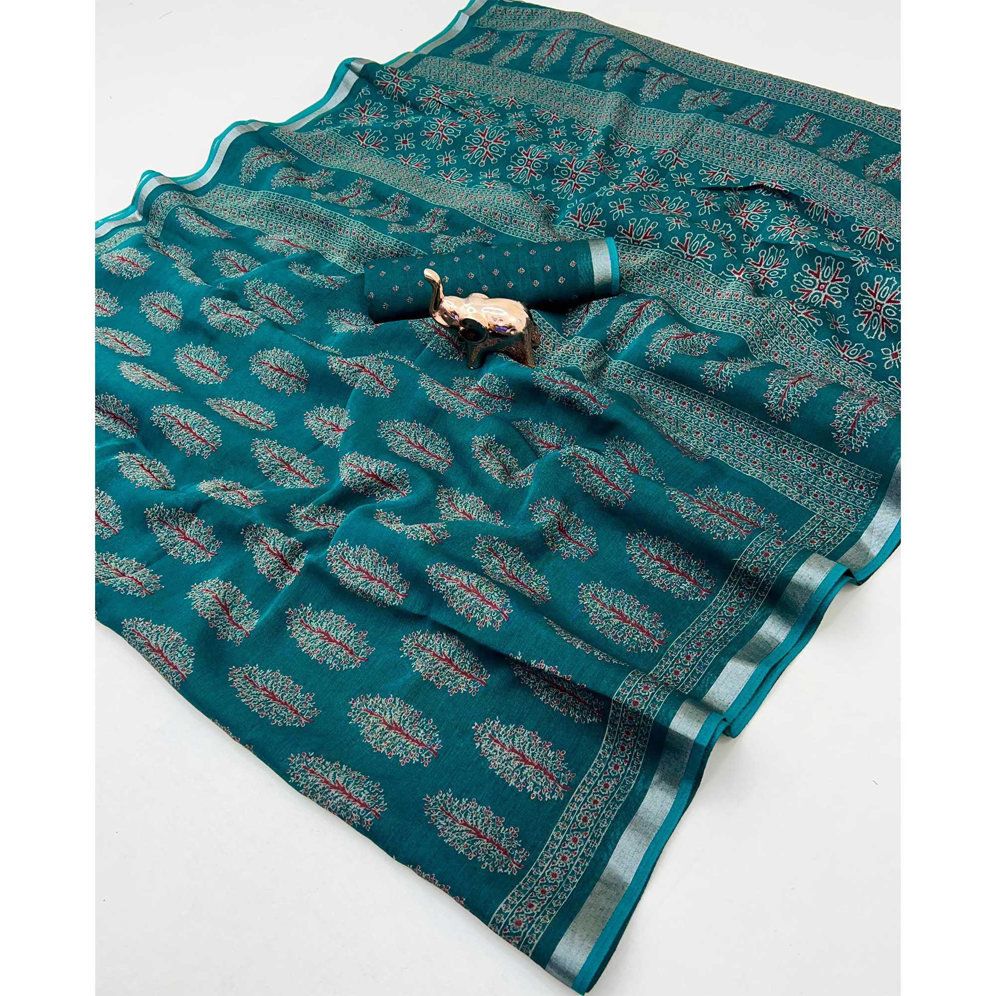 Classic Teal Linen Cotton Saree Featuring Floral Ajrakh Print & Rich Silver Zari Border