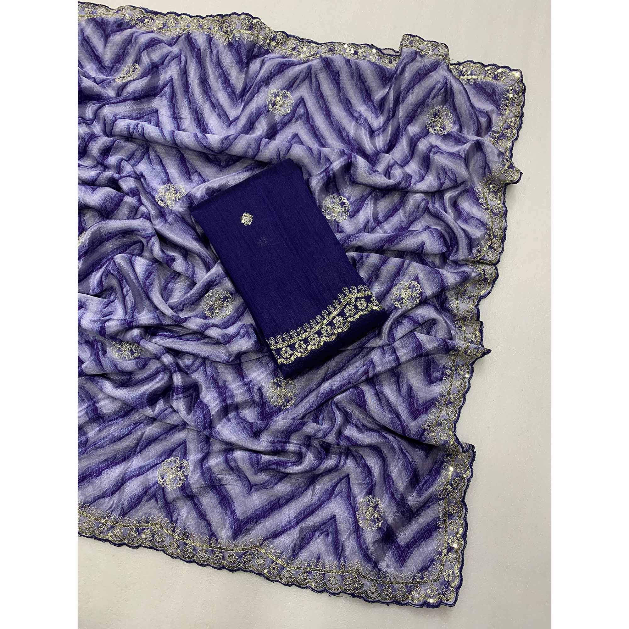 Blue Leheriya Printed With Sequins Embroidered Chinon Saree