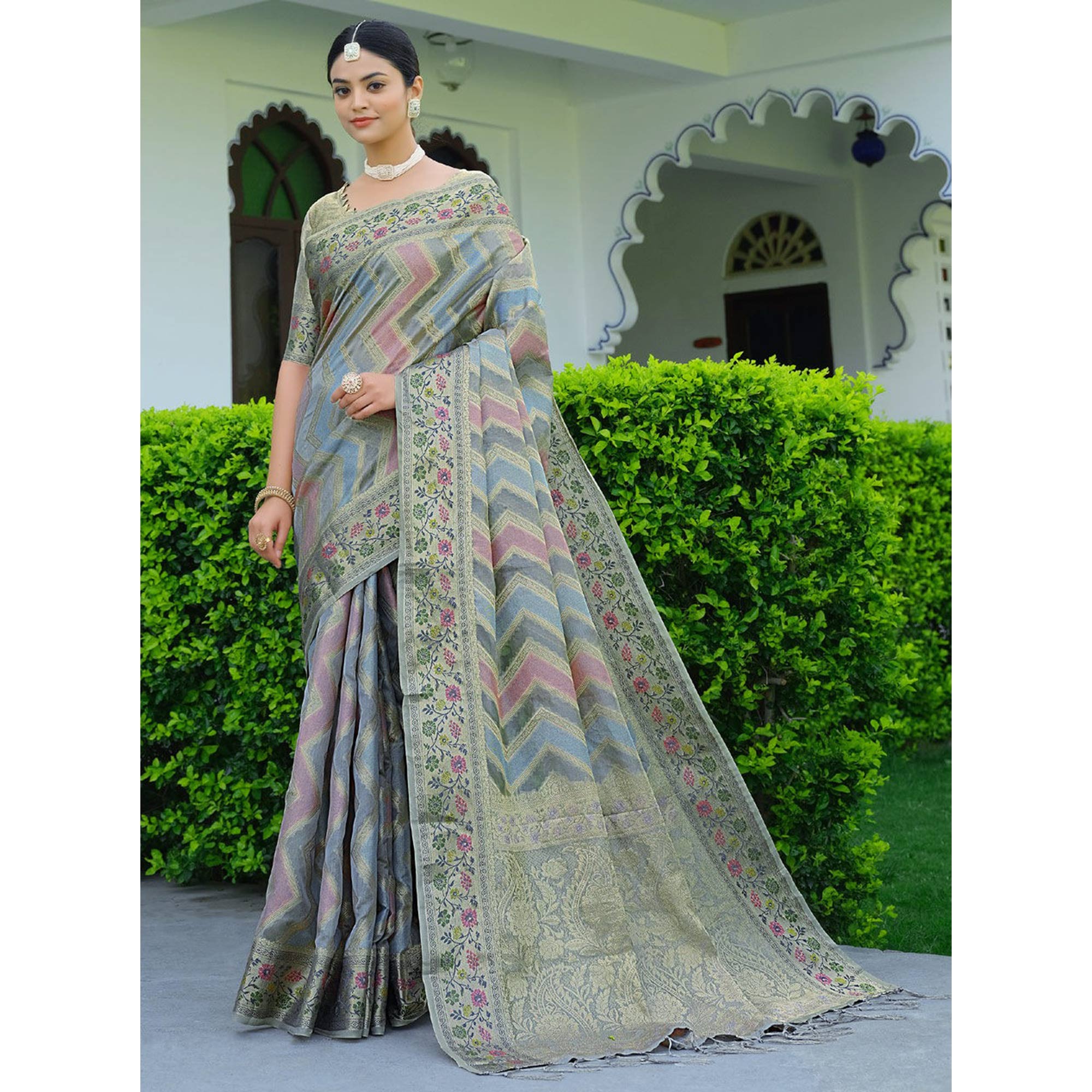Grey Woven Organza Saree With Tassels