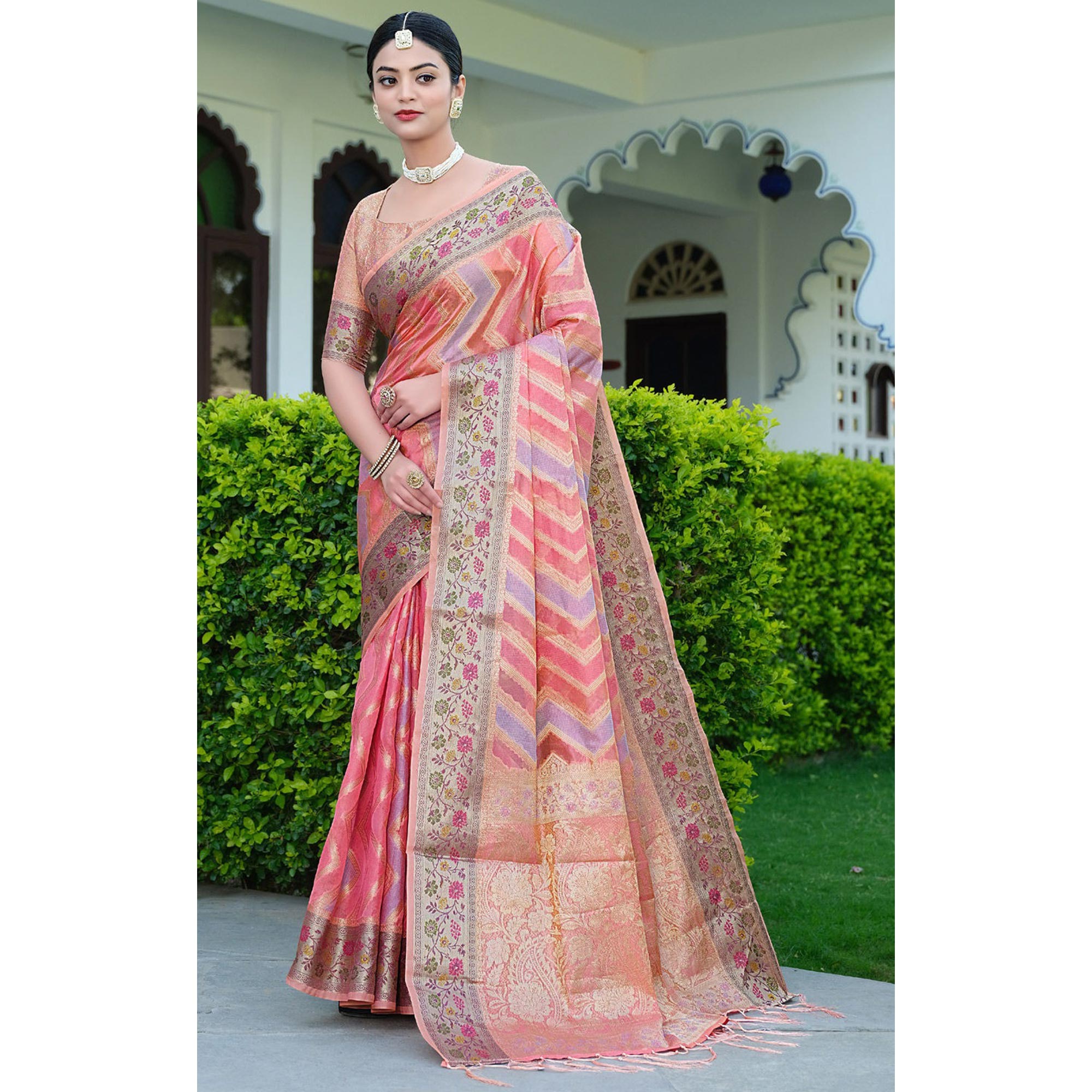 Pink Woven Organza Saree With Tassels