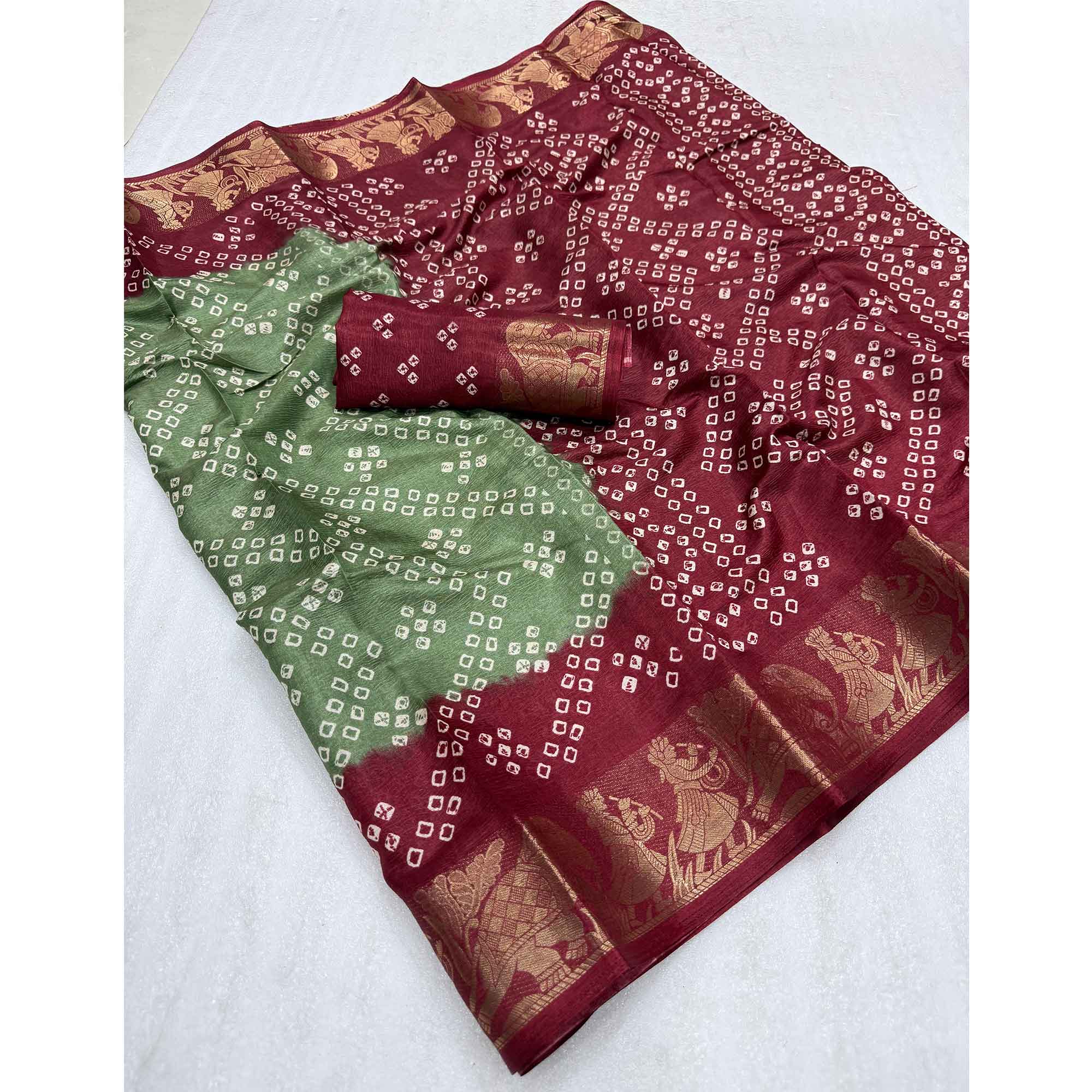 Classic Green & Maroon Bandhani Printed Dola Silk Saree With Weaving Jacquard Border