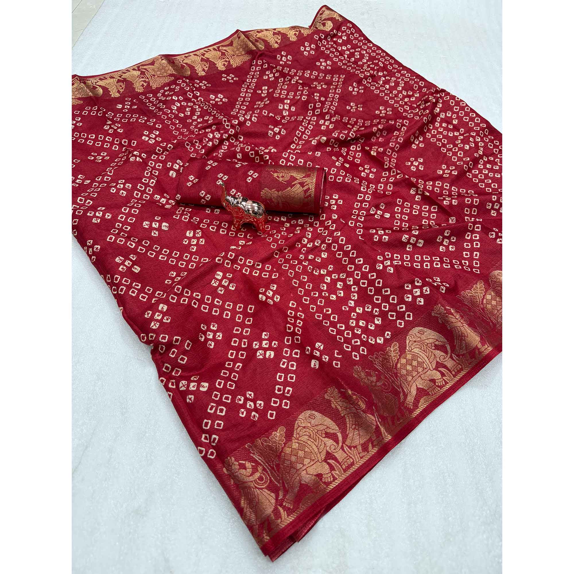 Classic Maroon Bandhani Printed Dola Silk Saree With Weaving Jacquard Border