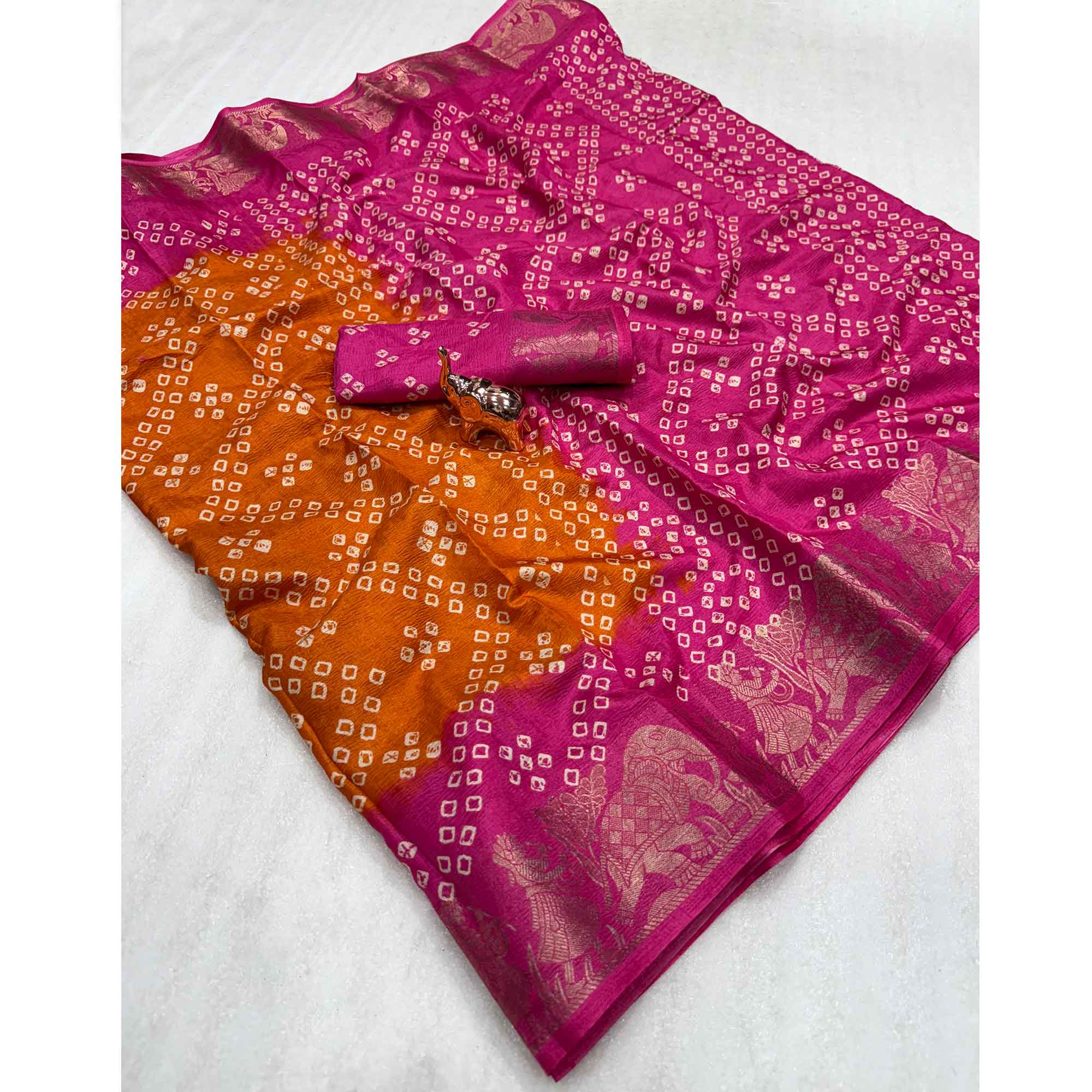 Classic Orange & Pink Bandhani Printed Dola Silk Saree With Weaving Jacquard Border