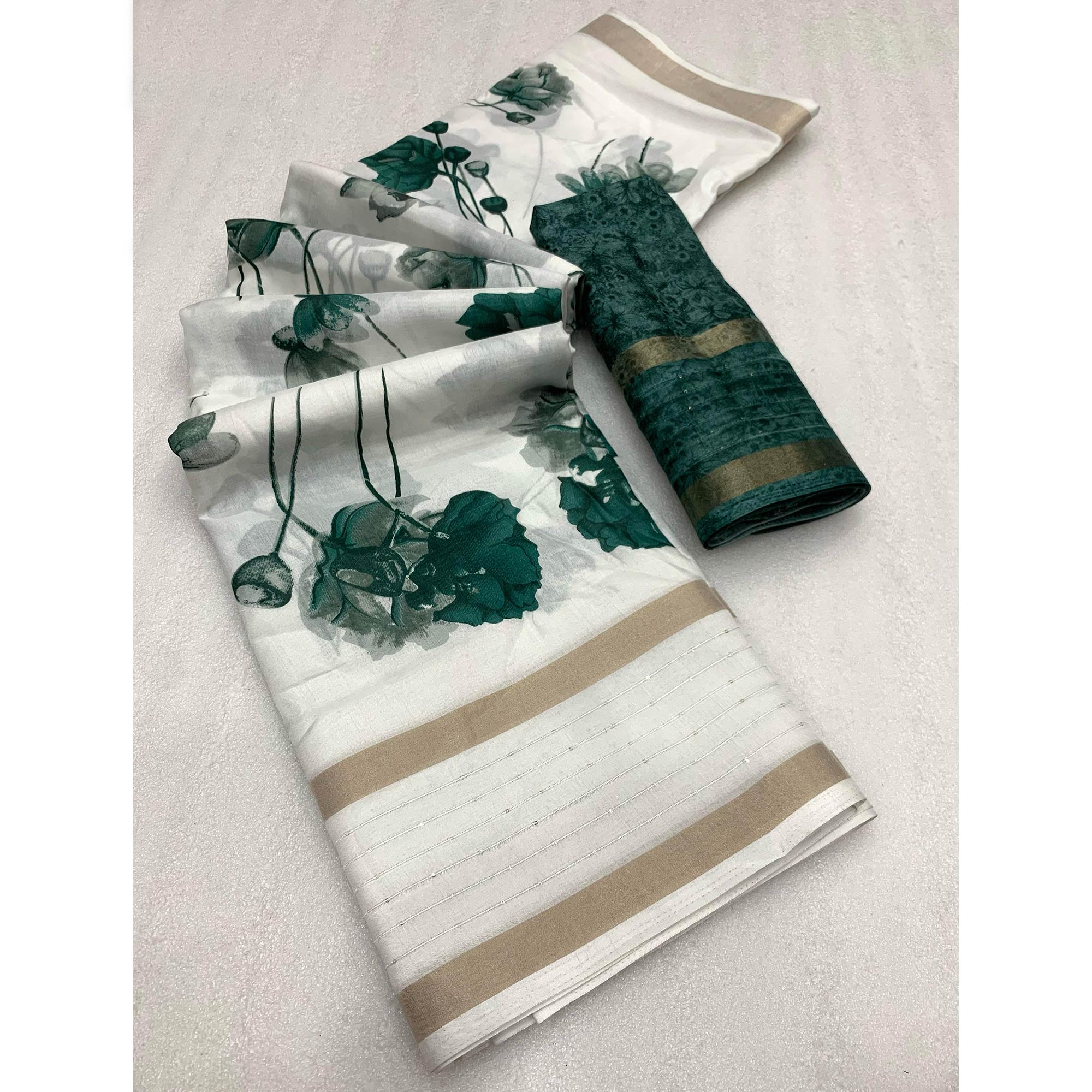 White & Bottle Green Floral Printed Dola Silk Saree With Sequins Border