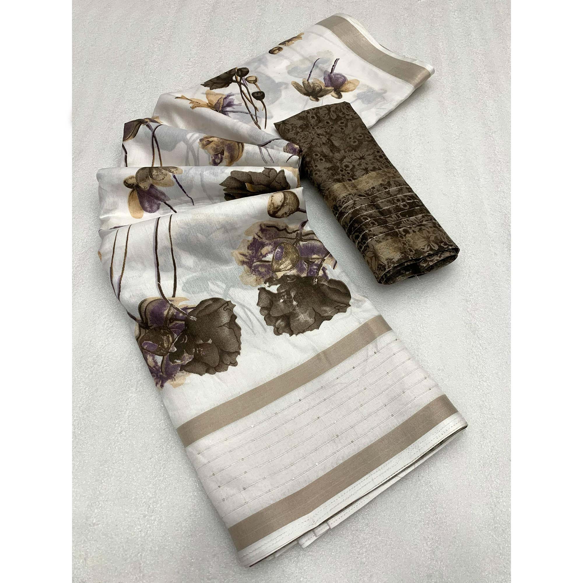 White & Brown Floral Printed Dola Silk Saree With Sequins Border