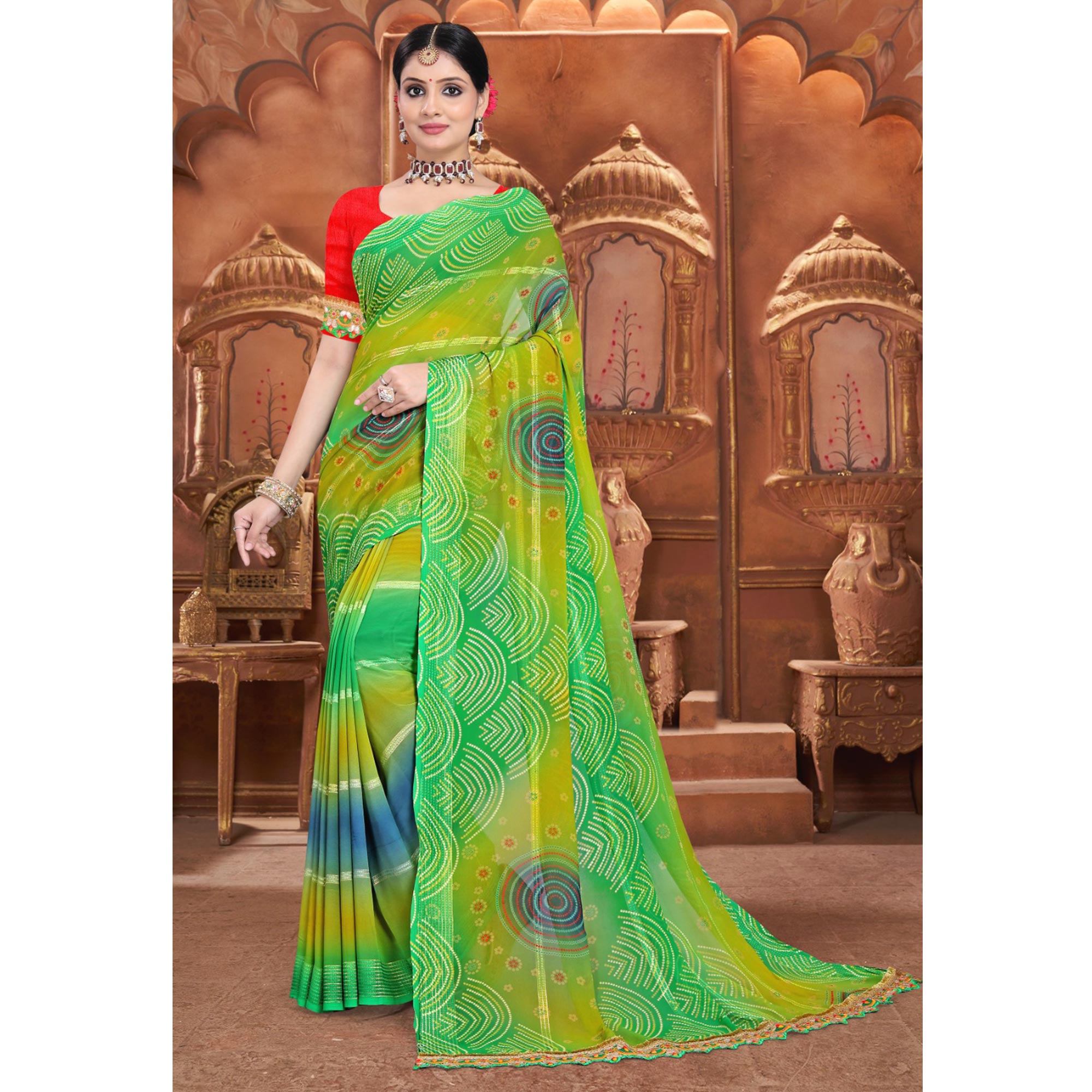 Green Bandhani Printed Georgette Saree With Zari Border