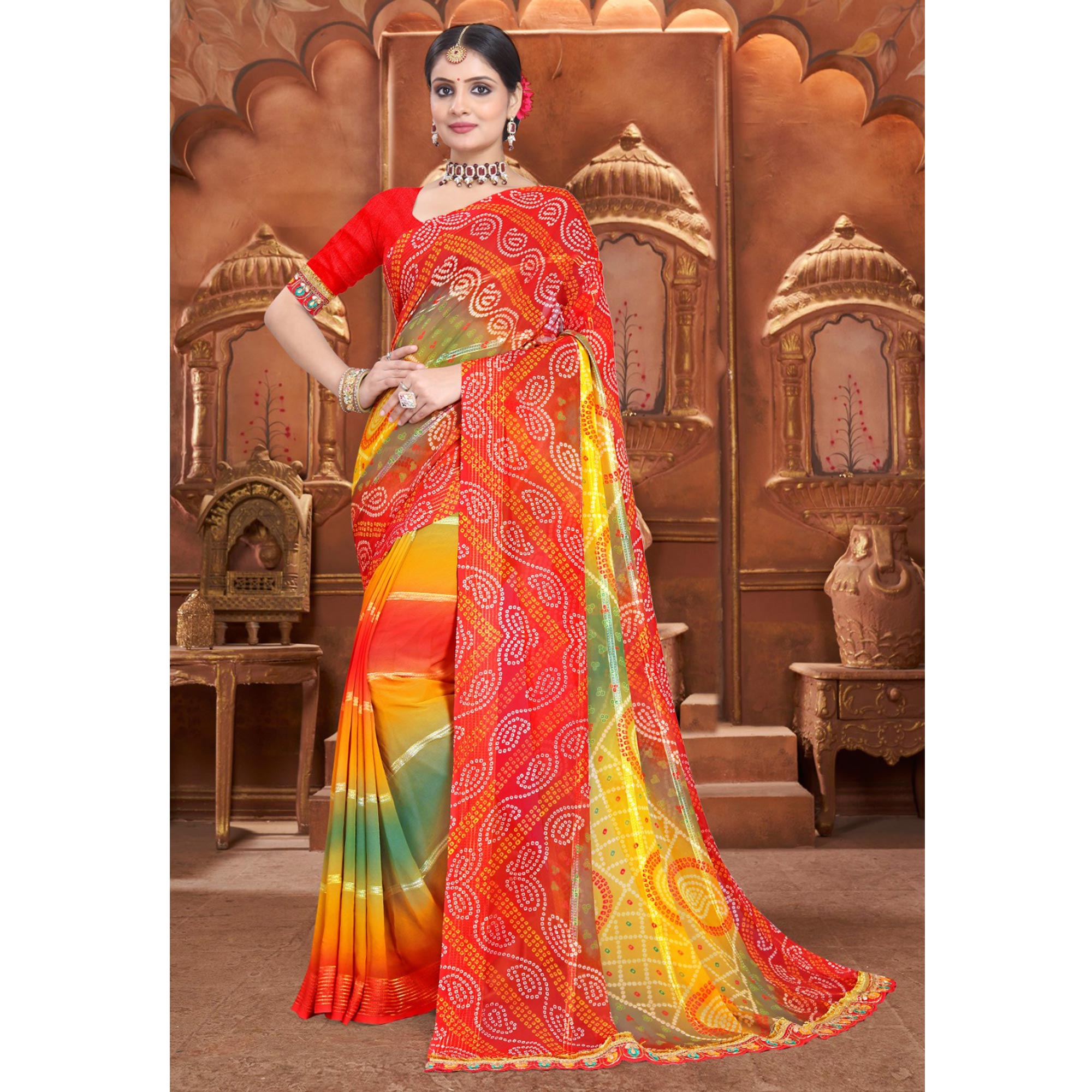 Orange Bandhani Printed Georgette Saree With Zari Border