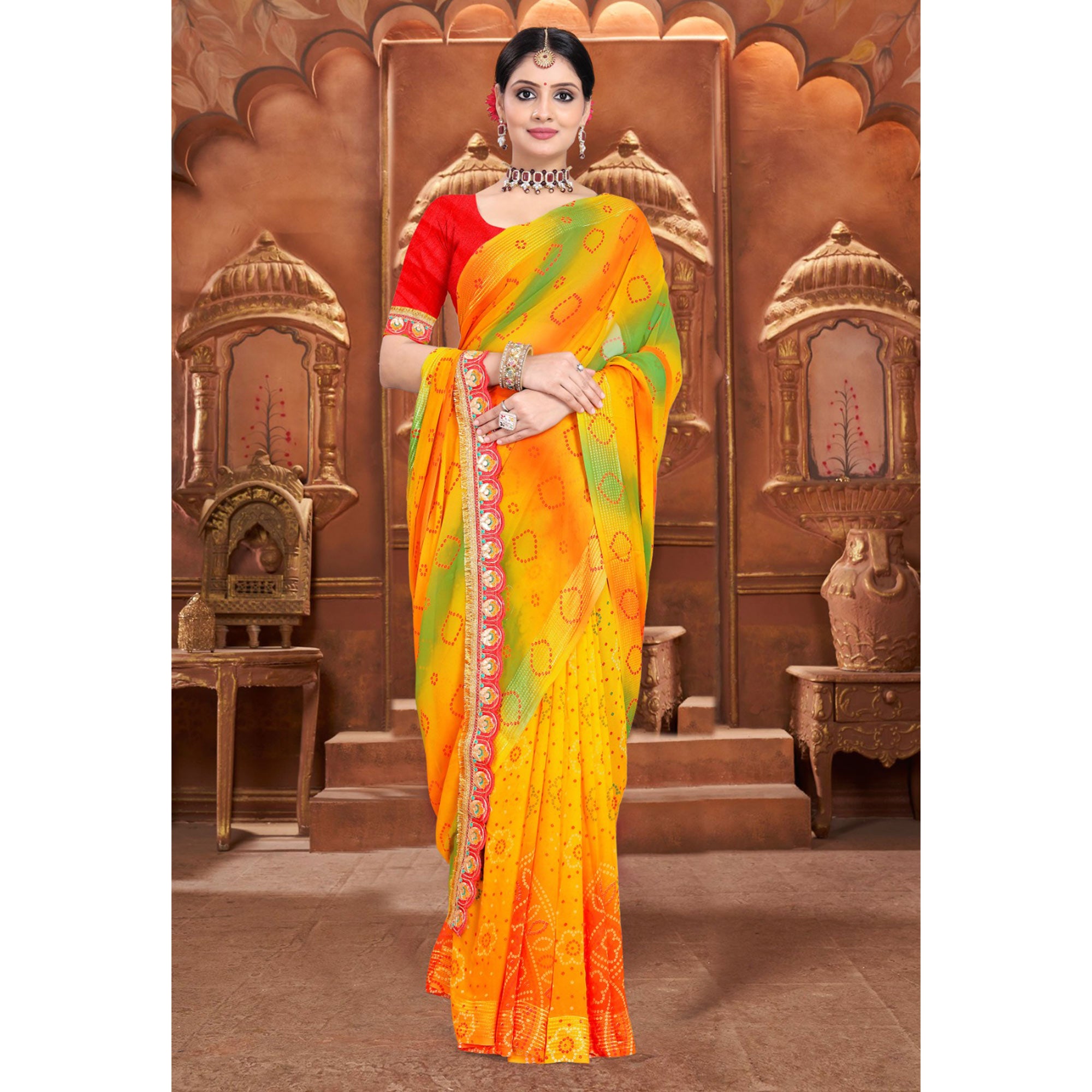 Yellow Bandhani Printed Georgette Saree With Zari Border