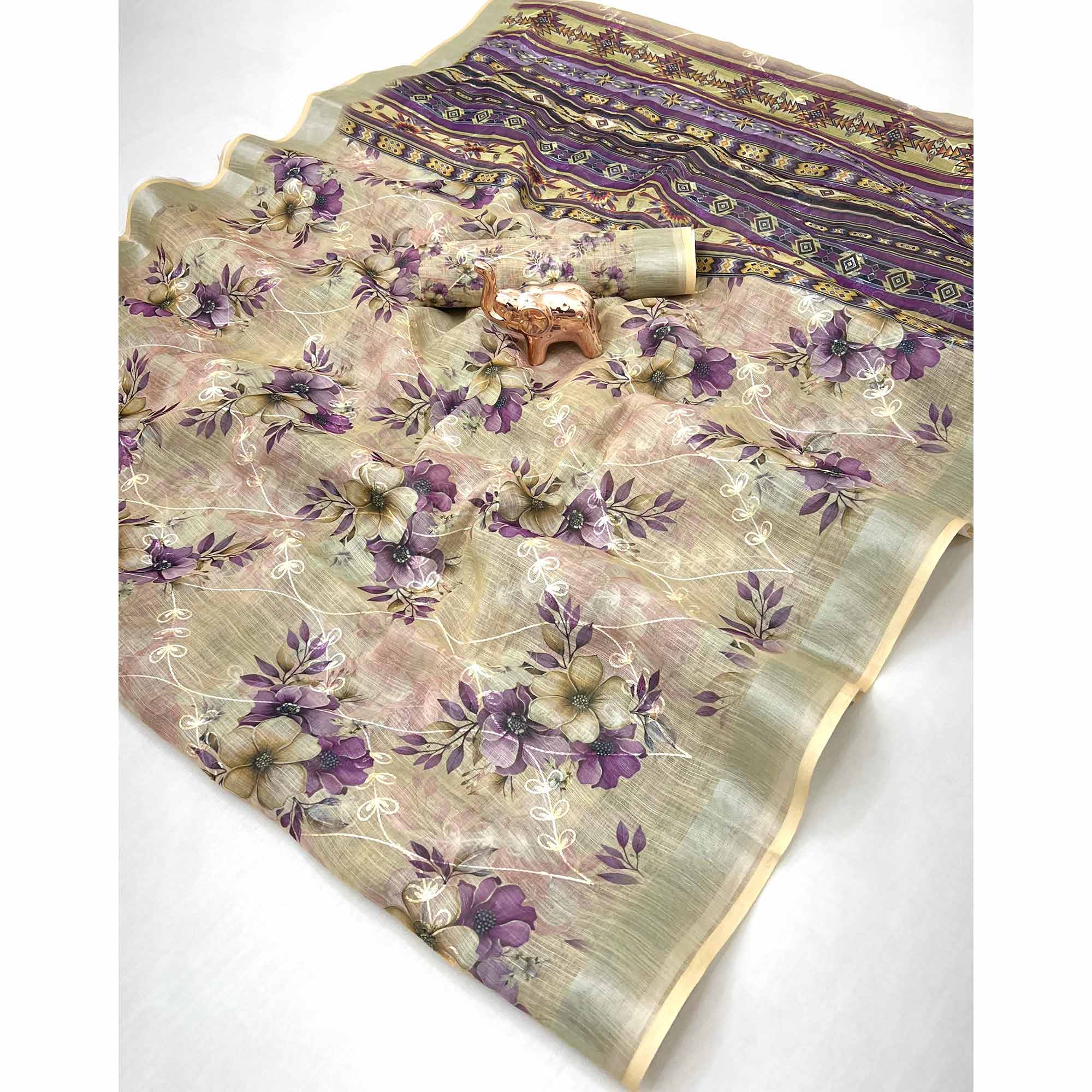 Beautiful Light Beige Floral Printed Saree in Lightweight Soft Linen Fabric