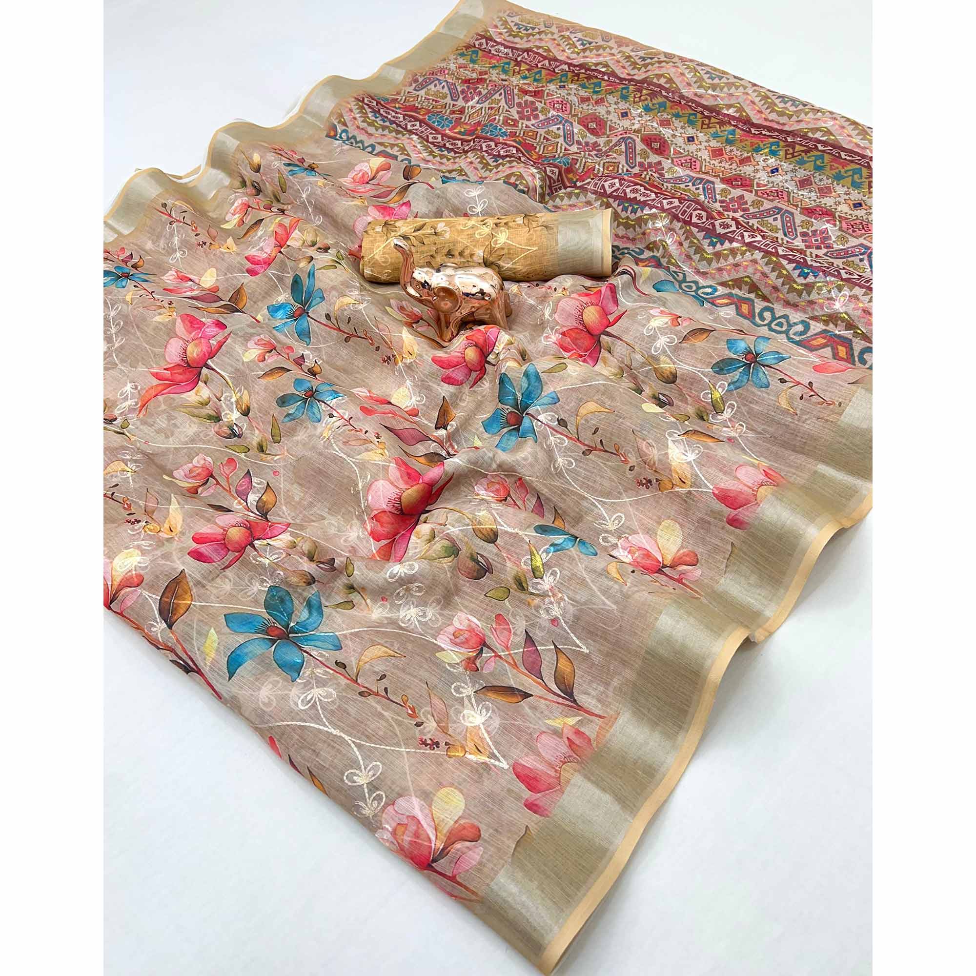 Beautiful Beige Floral Printed Saree in Lightweight Soft Linen Fabric