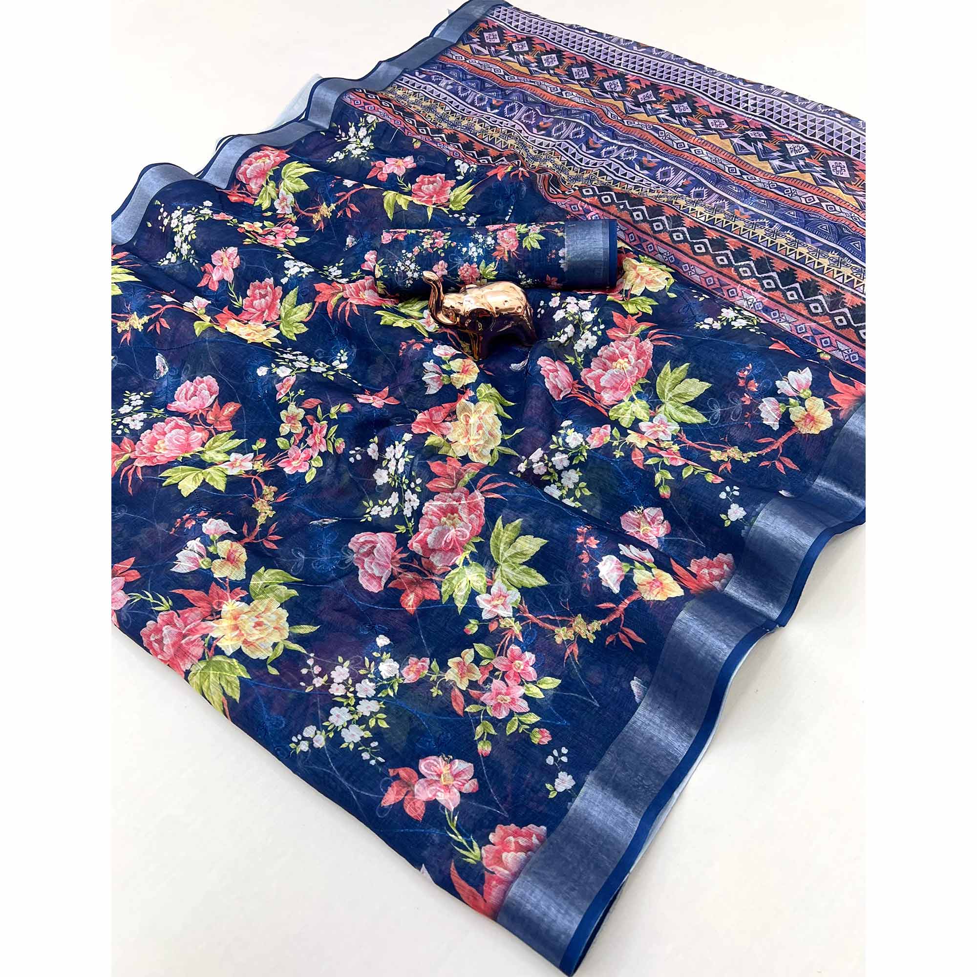 Beautiful Dark Blue Floral Printed Saree in Lightweight Soft Linen Fabric