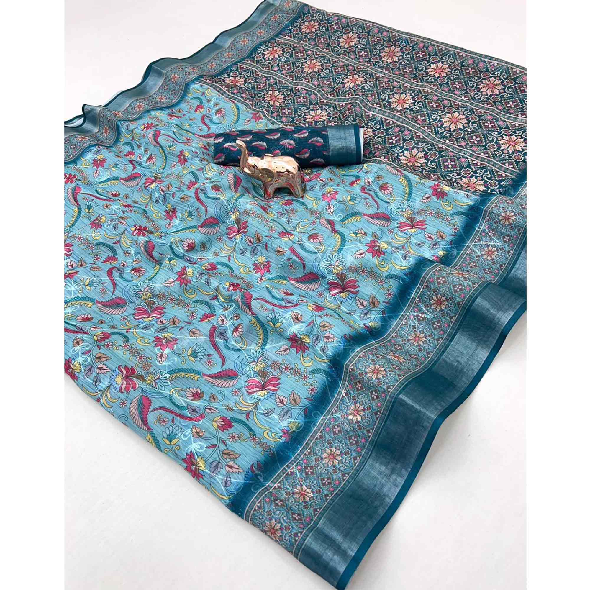 Beautiful Dark Teal Floral Printed Saree in Lightweight Soft Linen Fabric