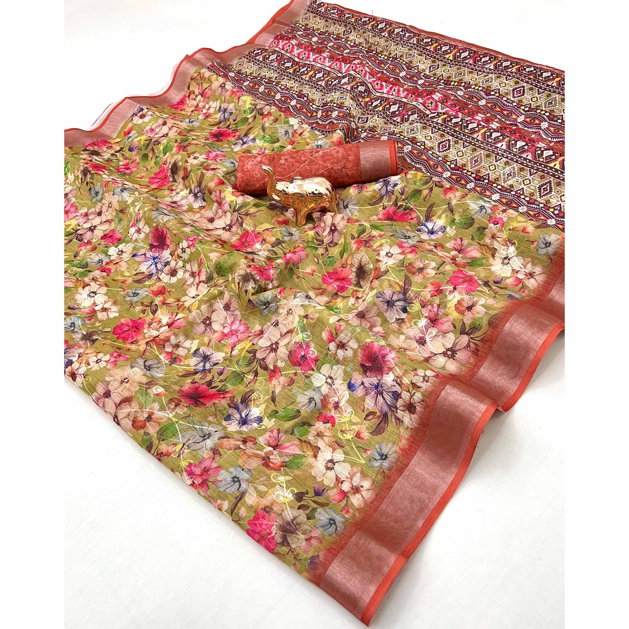 Beautiful Green Floral Printed Saree in Lightweight Soft Linen Fabric