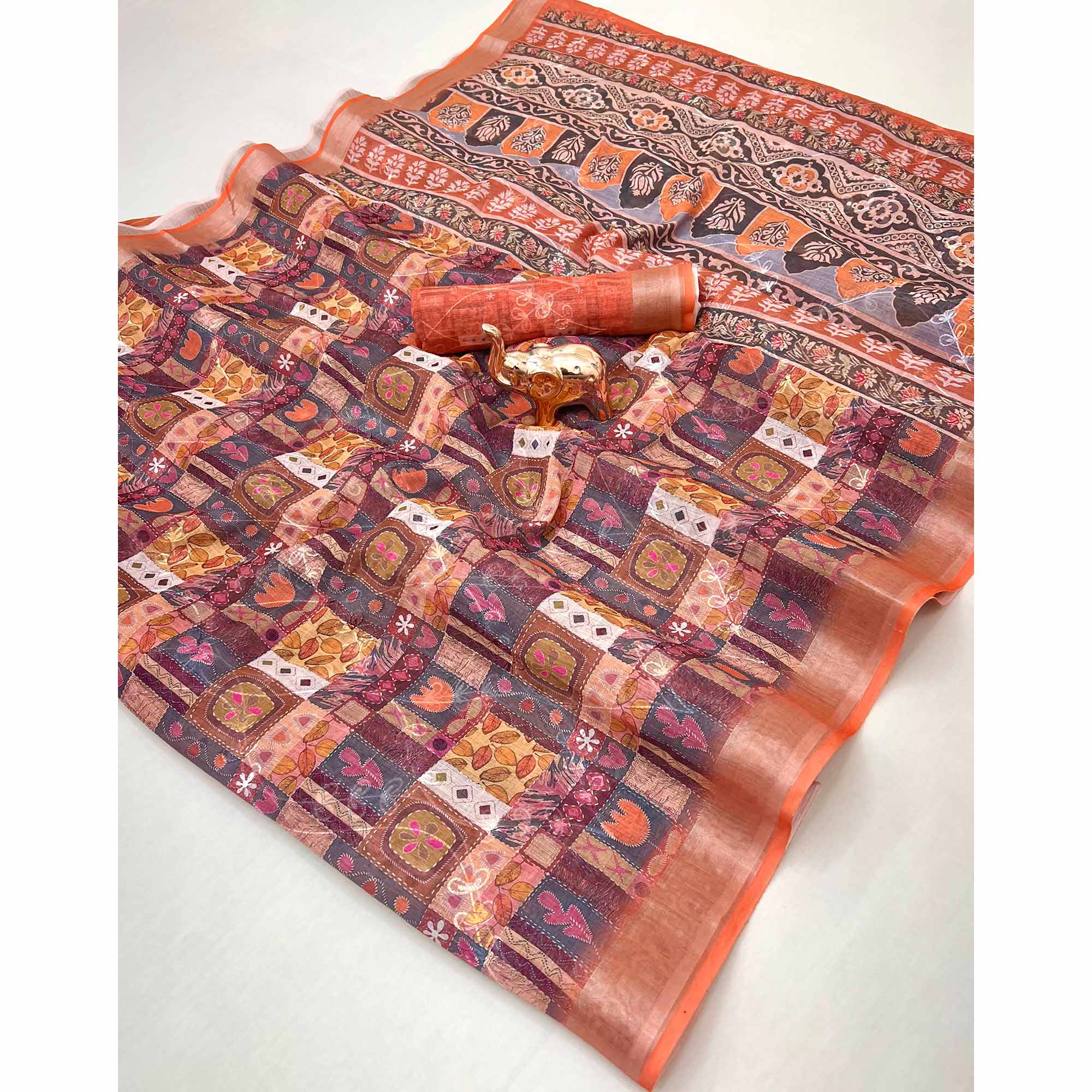 Beautiful Peach Floral Printed Saree in Lightweight Soft Linen Fabric
