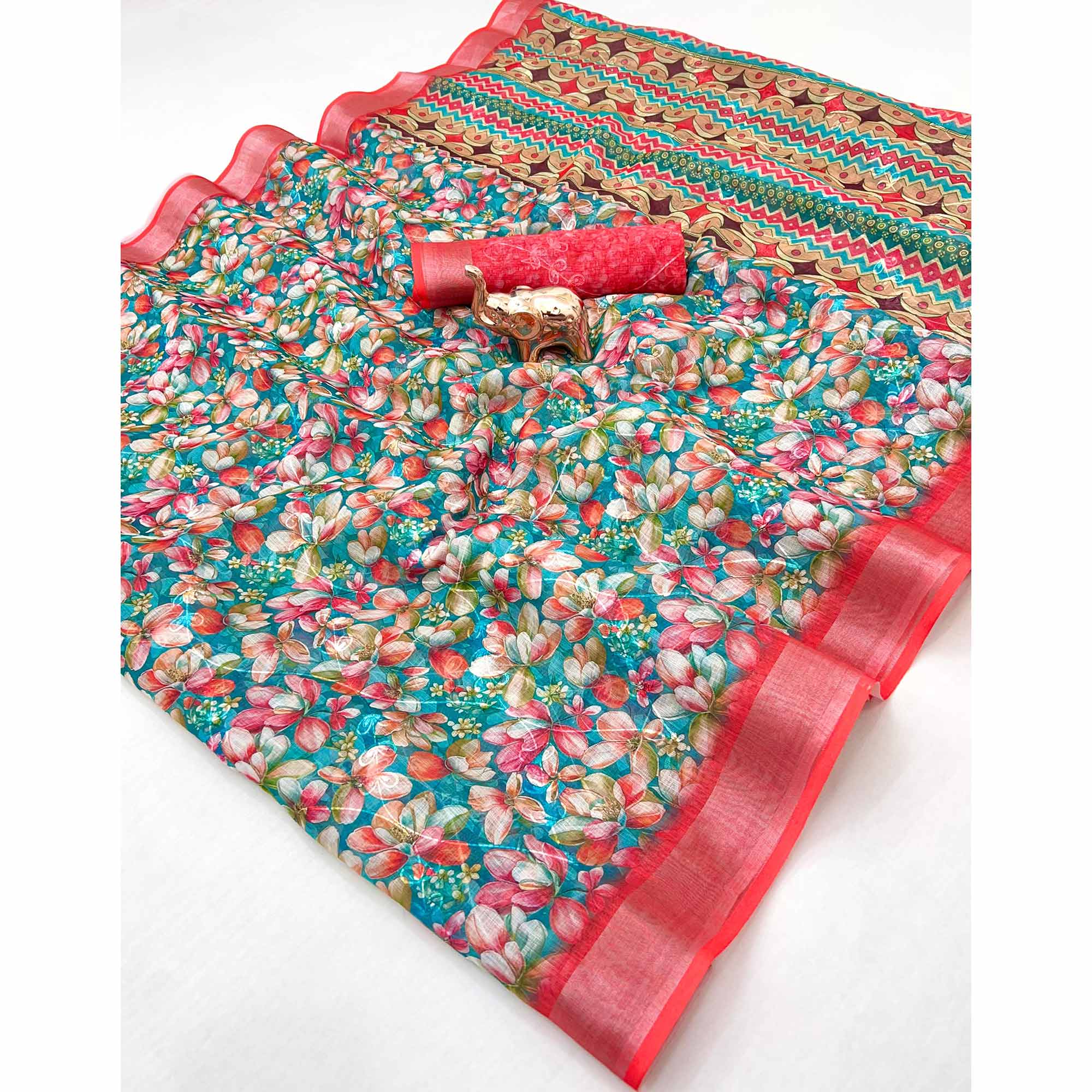 Beautiful Teal Floral Printed Saree in Lightweight Soft Linen Fabric