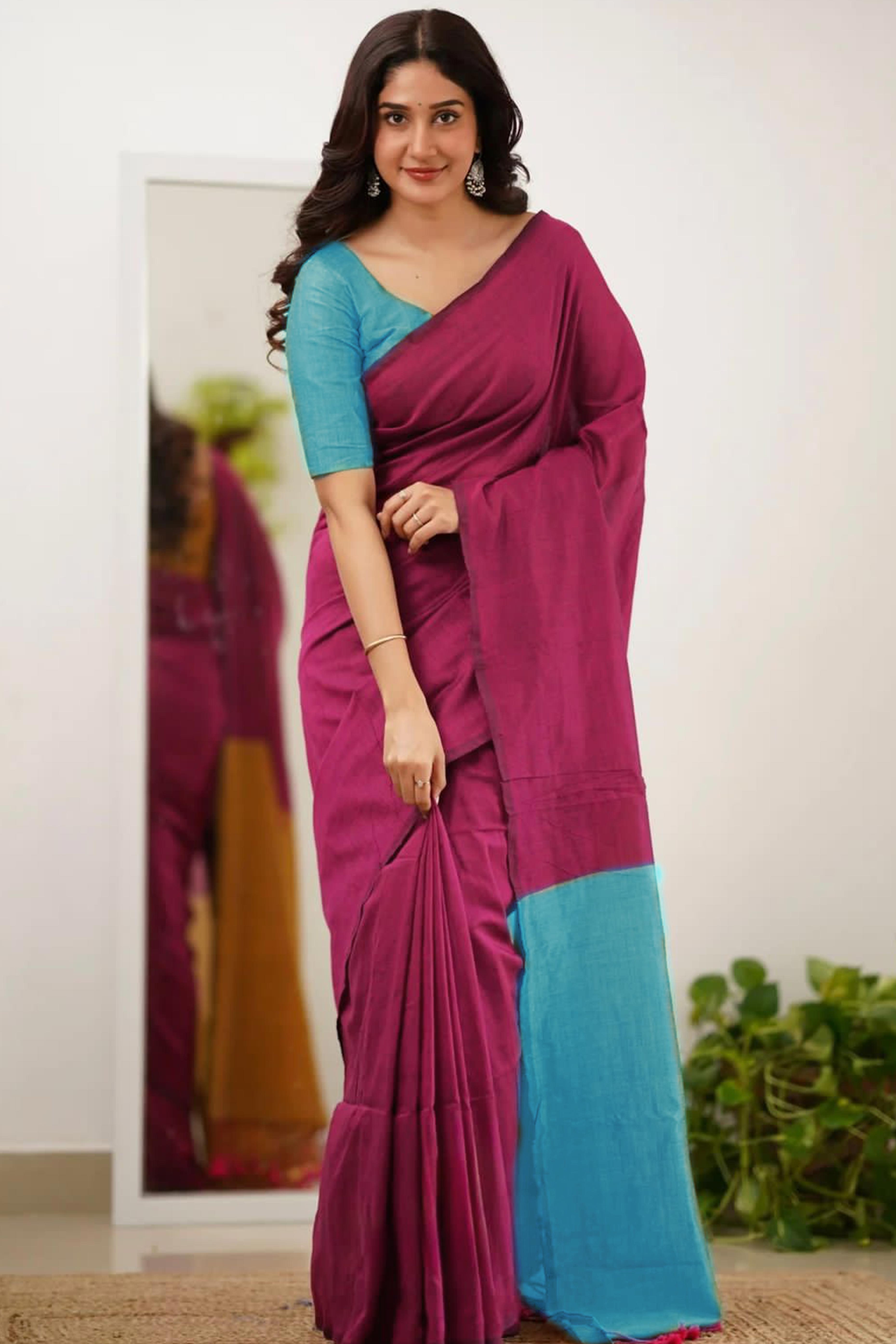 Charming Magenta & Aqua Blue Solid Handwoven Pure Mul Cotton Saree With Tassel Pallu