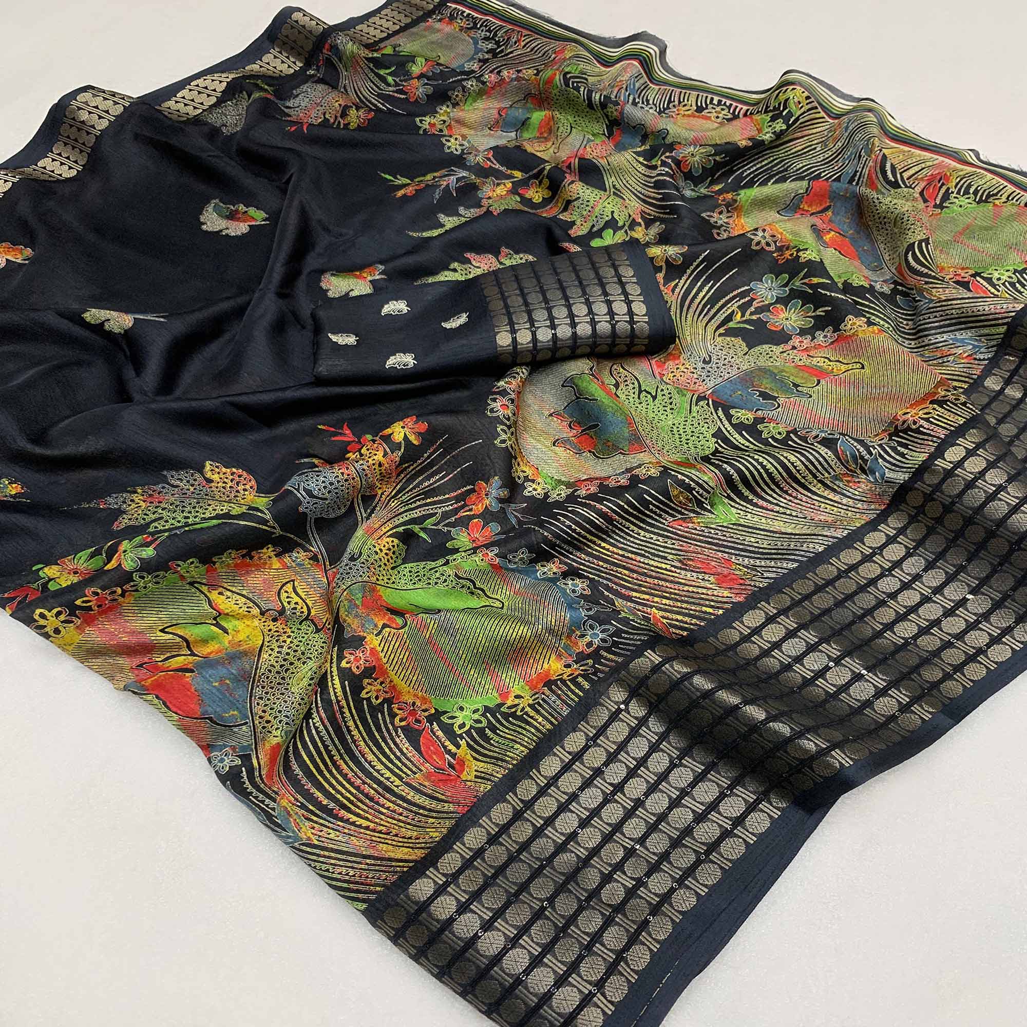 Black Printed Dola Silk Saree With Sequins Border