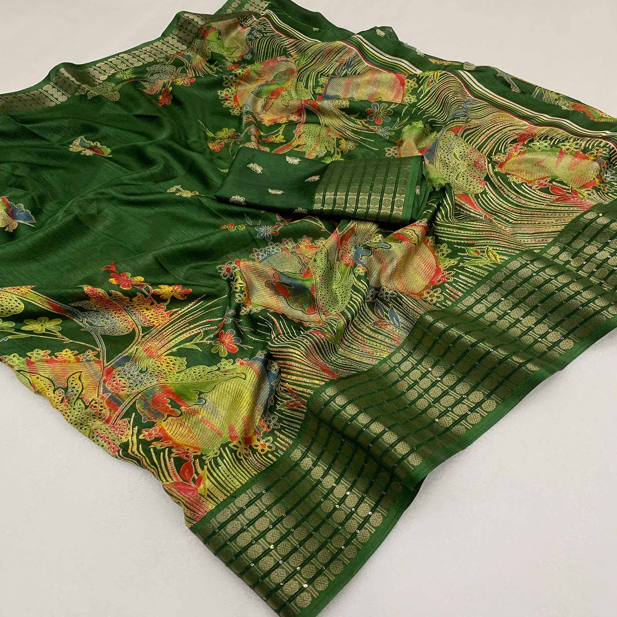 Green Printed Dola Silk Saree With Sequins Border