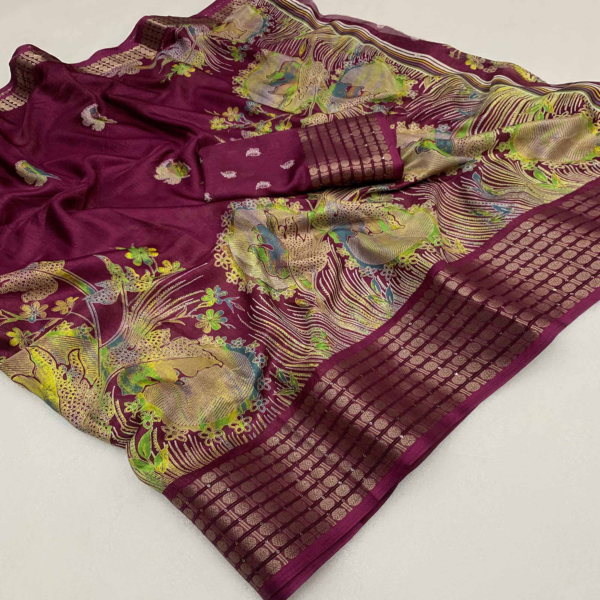 Wine Printed Dola Silk Saree With Sequins Border