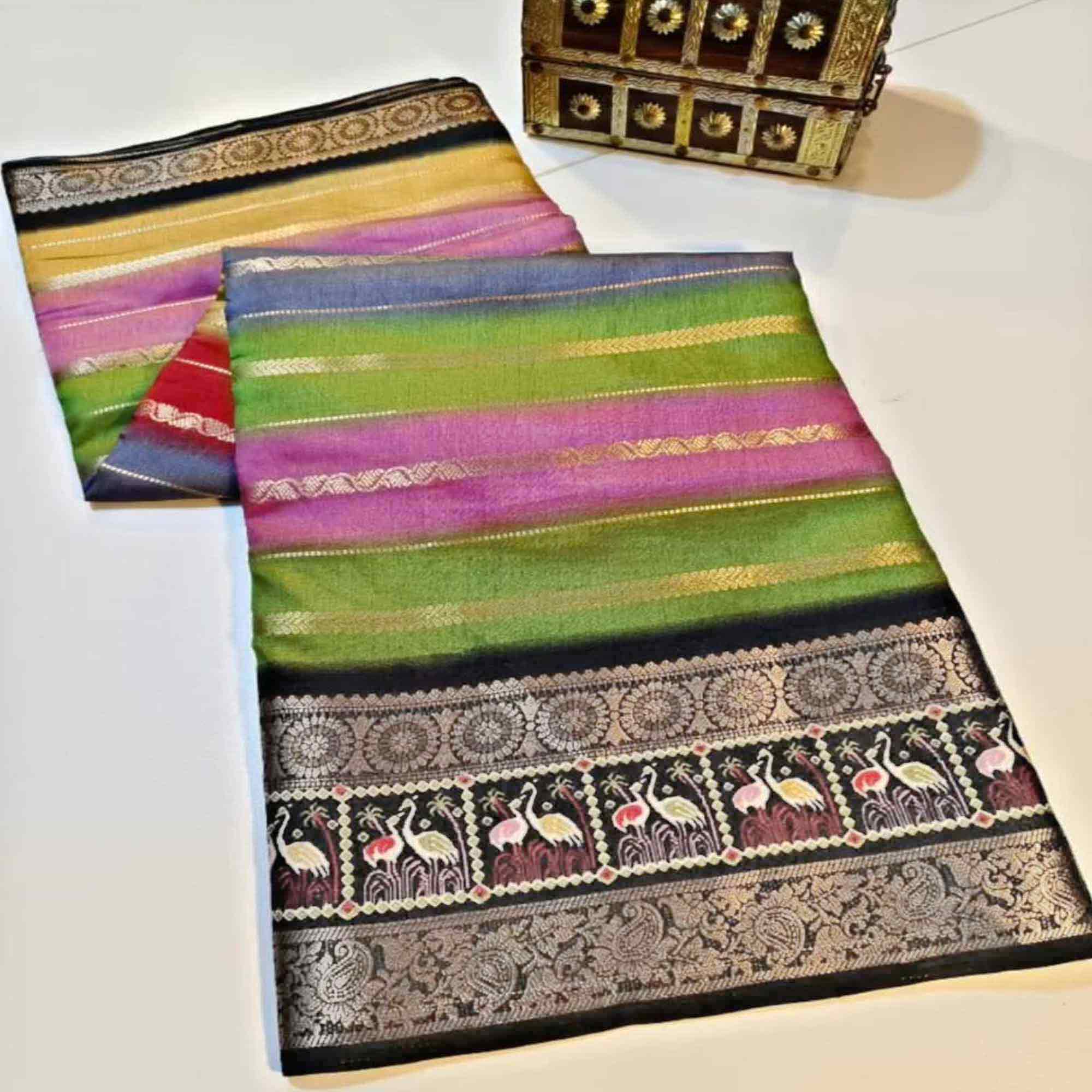 Luxury Multicolor Silk Jacquard Saree Adorned With Striped Zari Weaving and Printed Pallu