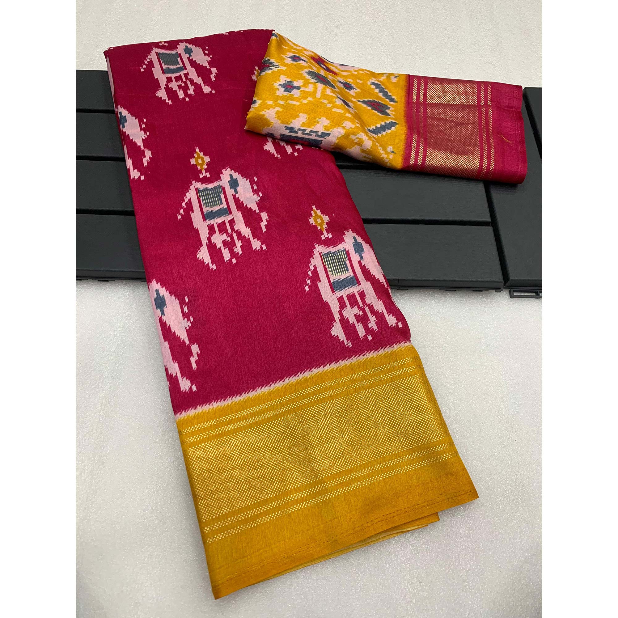Pink & Yellow Patola Printed Dola Silk Saree