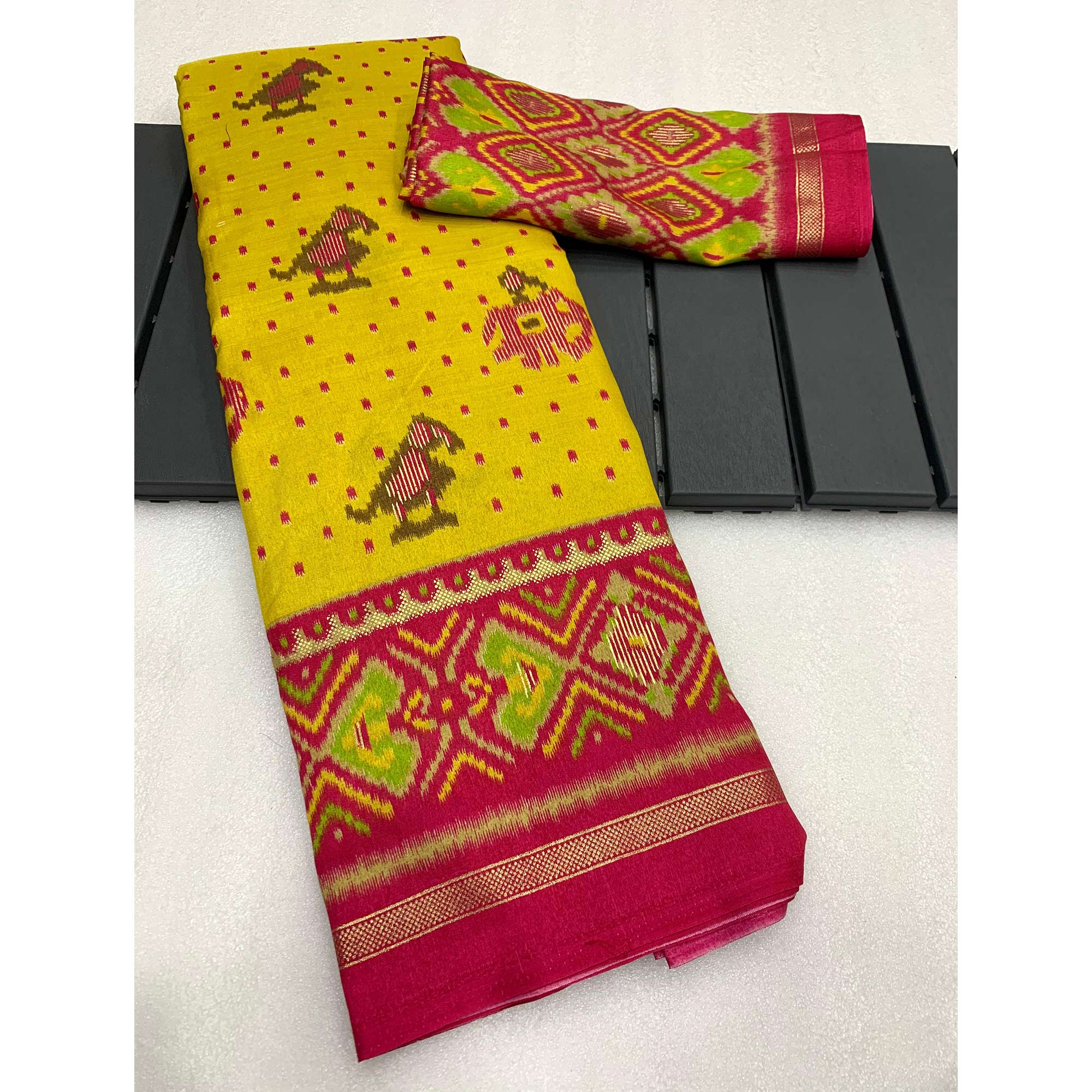 Yellow & Pink Patola Printed Dola Silk Saree