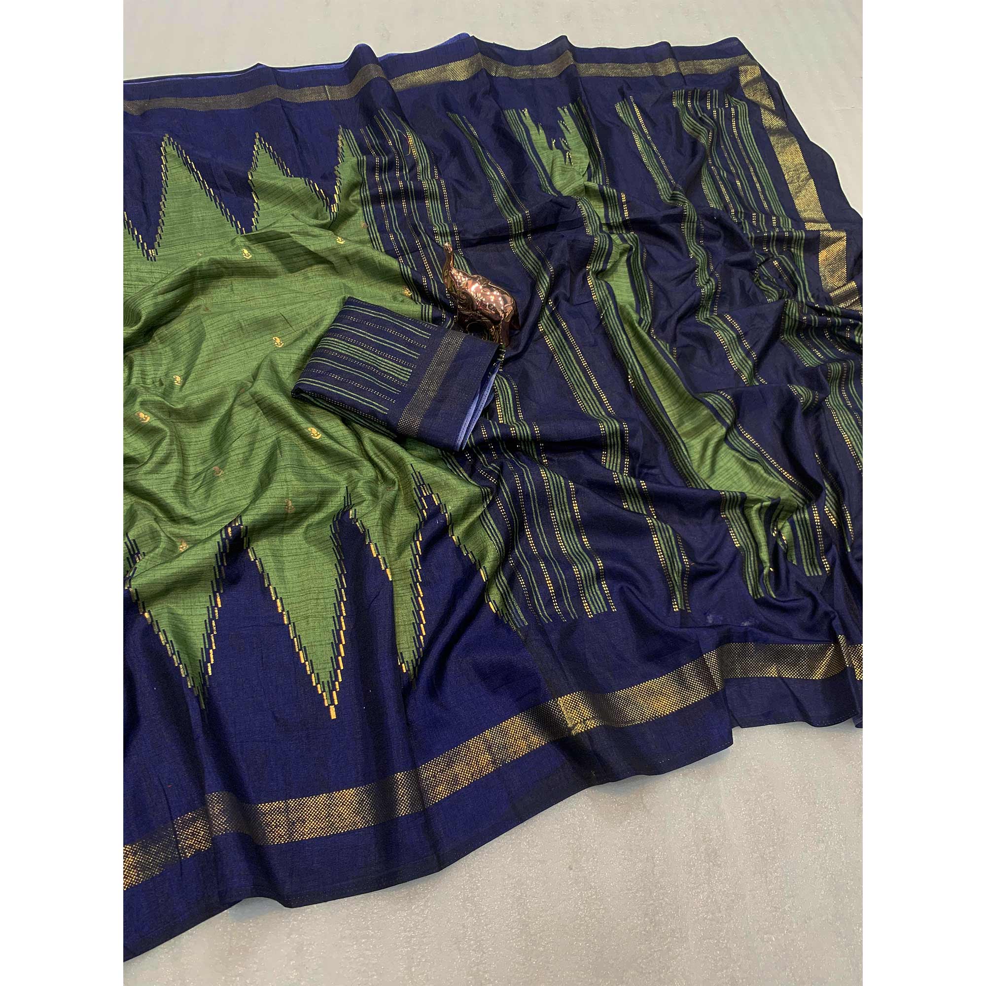 Subtle and Stylish Dusty Green Saree with Ikkat Prints in Luxe Dola Silk for Festive Wear