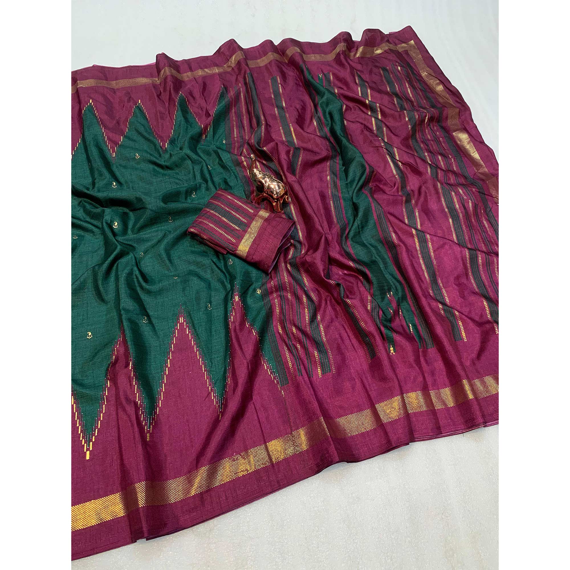 Subtle & Stylish Green  Saree With Ikkat Prints In Luxe Dola Silk For Festive Wear