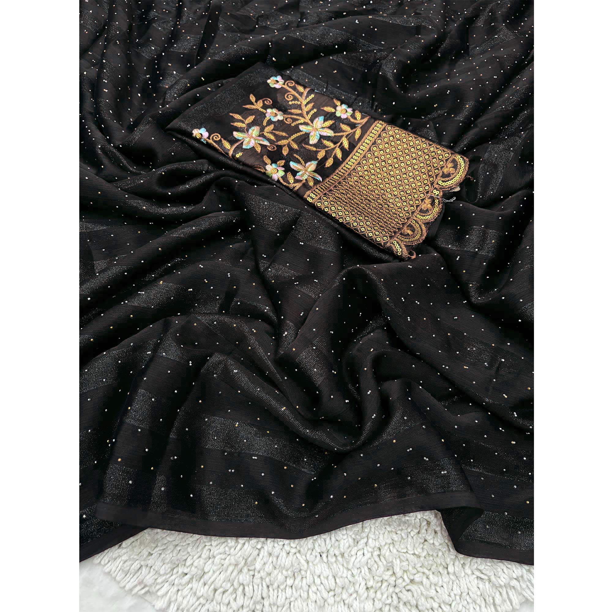 Black Woven Swaroski Work Georgette Saree With Tassels