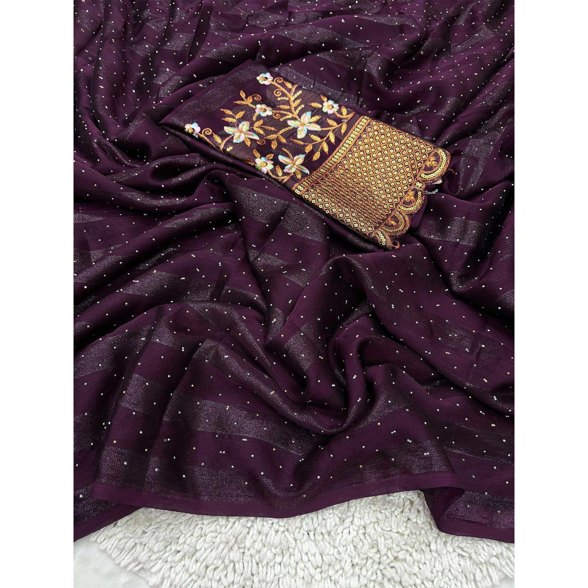 Wine Woven Swaroski Work Georgette Saree With Tassels