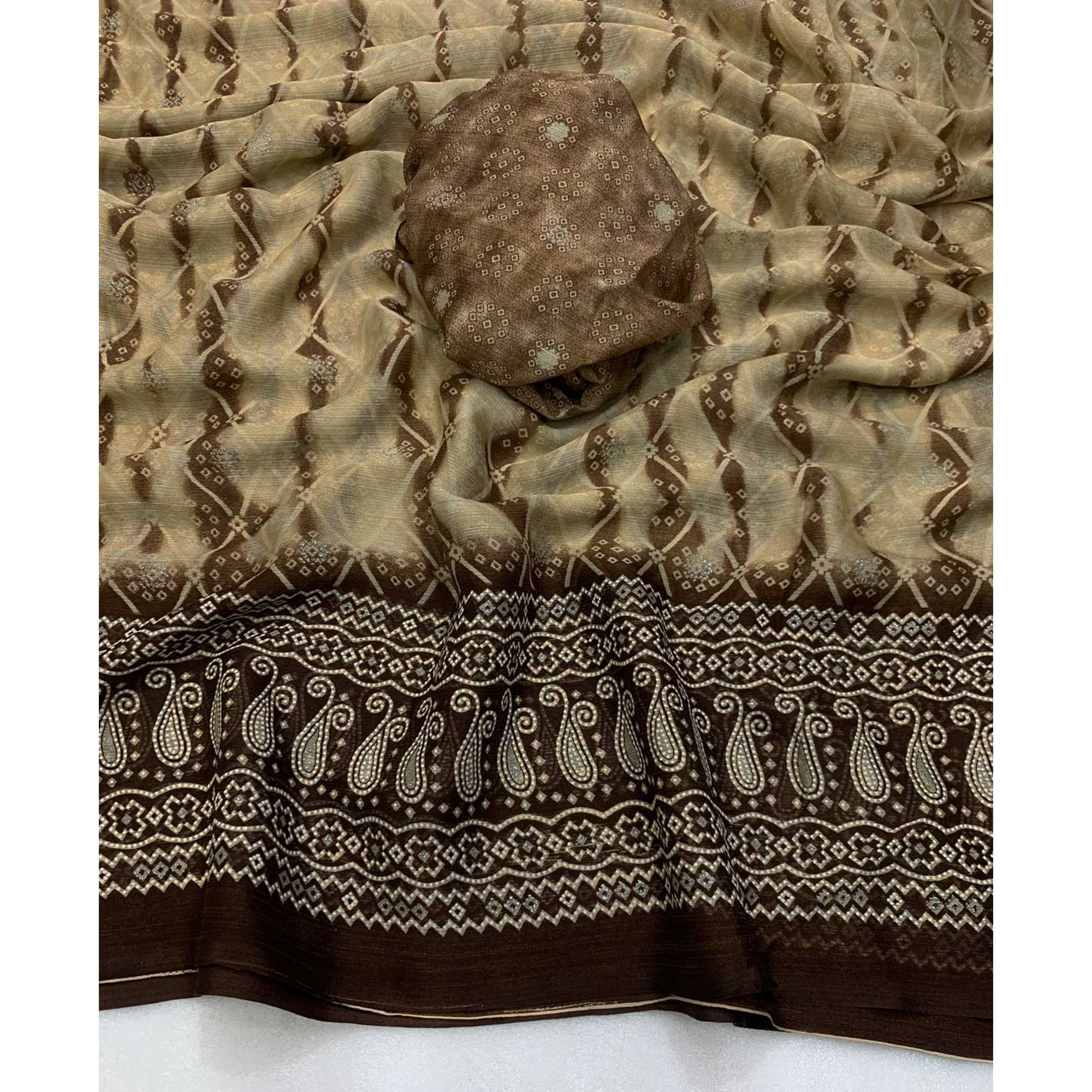 Brown Shibori Foil Printed Chiffon Saree