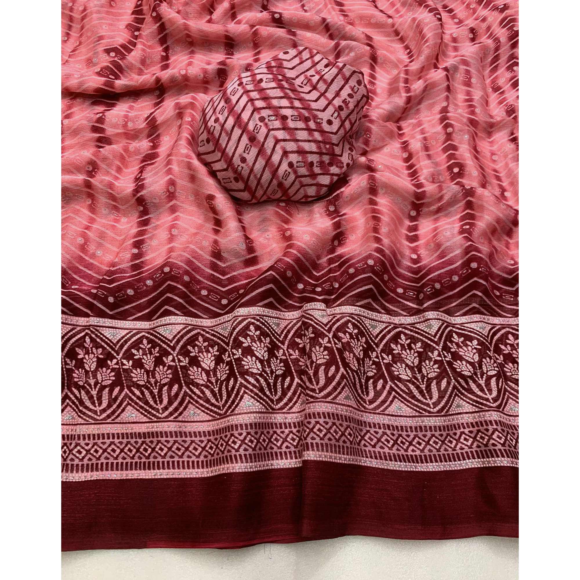 Gajari Pink Shibori Foil Printed Chiffon Saree