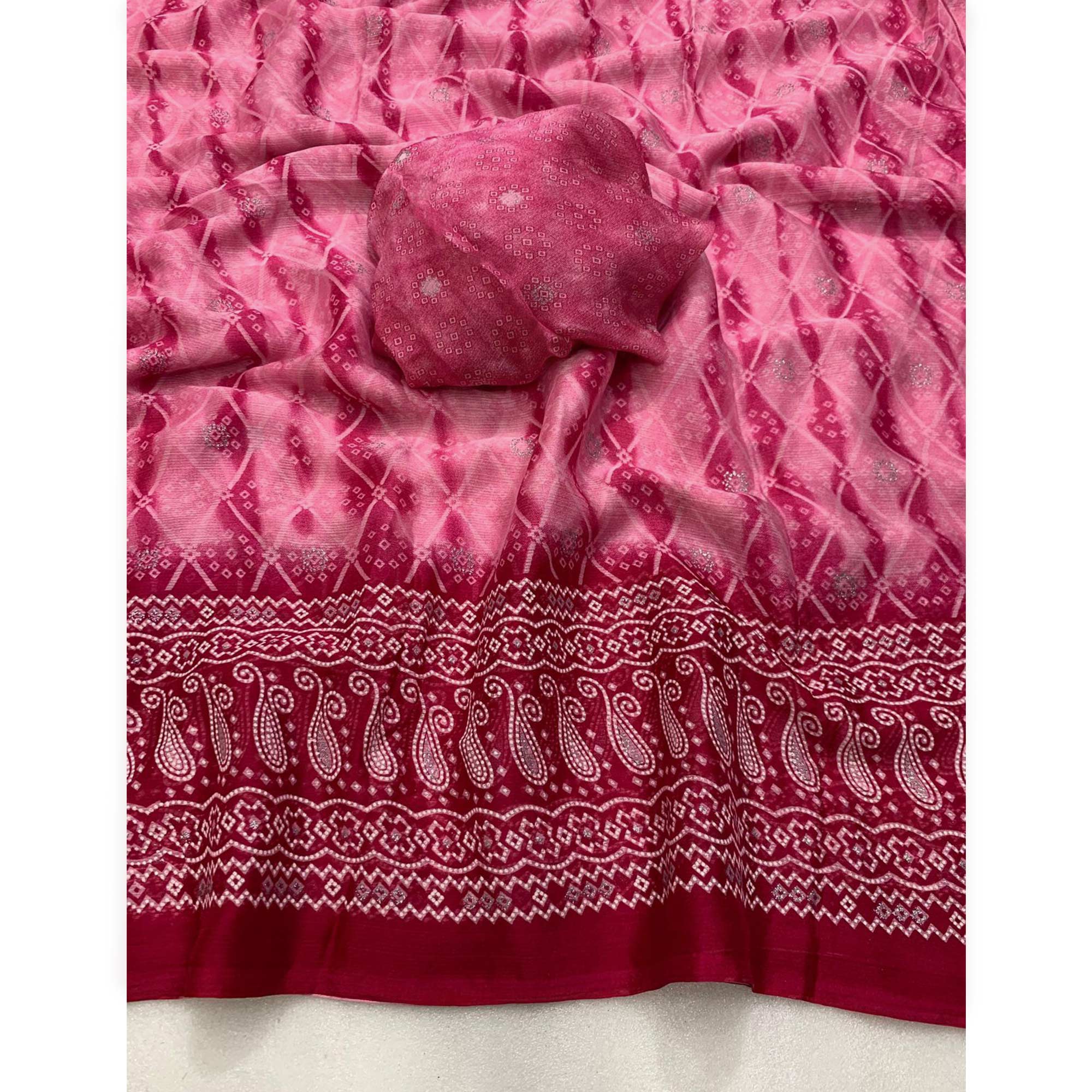Pink Shibori Foil Printed Chiffon Saree
