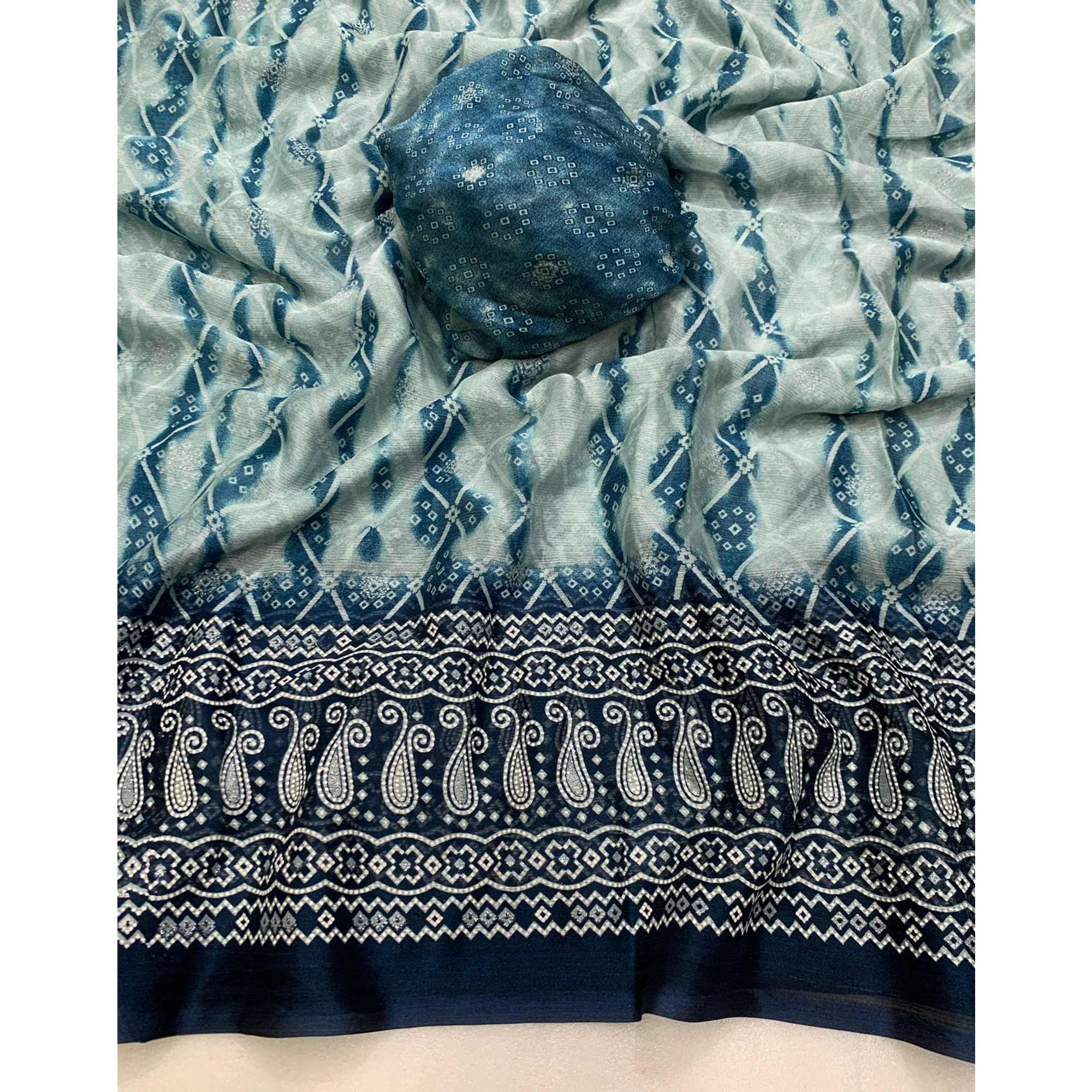 Teal Shibori Foil Printed Chiffon Saree