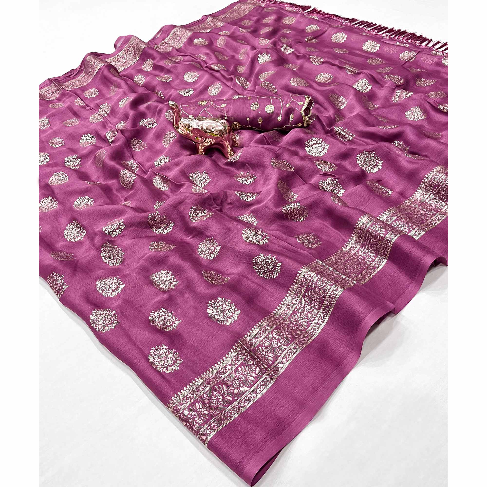 Elegant Dark Magenta Foil Floral Printed Georgette Saree With Tassel Detailing Pallu