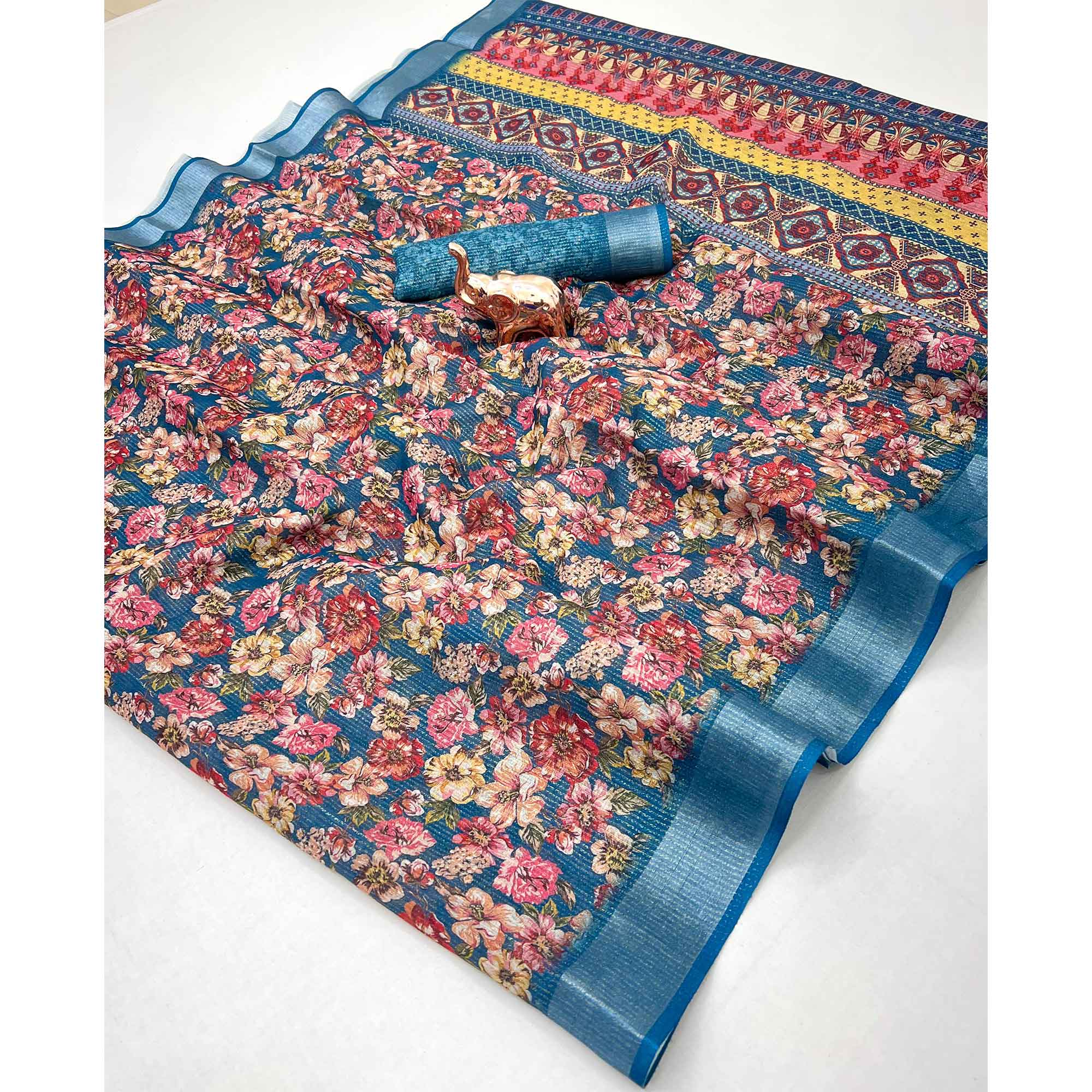 Pretty Blue Shimmer Cotton Saree With Floral Digital Print & Designer Zari Border