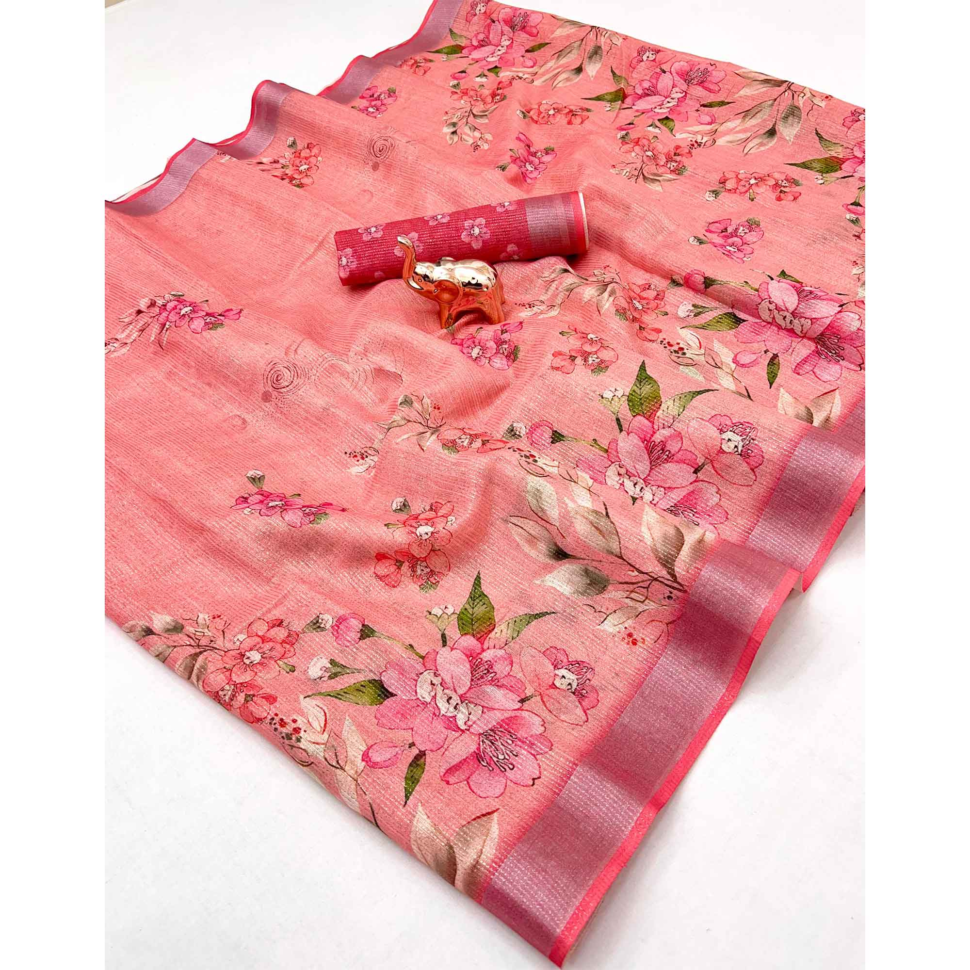 Pretty Blush Pink Shimmer Cotton Saree With Floral Digital Print & Designer Zari Border