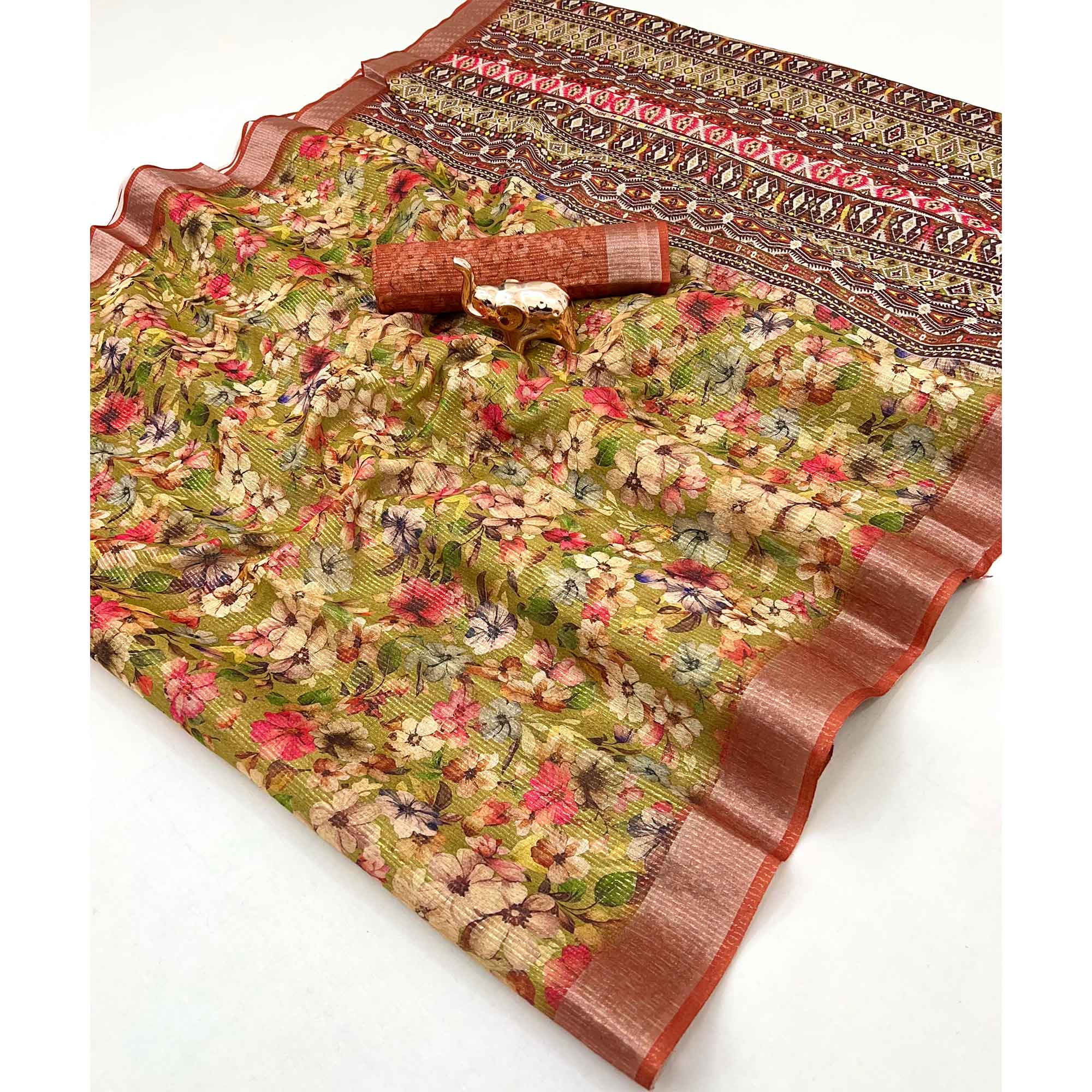 Pretty Olive Shimmer Cotton Saree With Floral Digital Print & Designer Zari Border